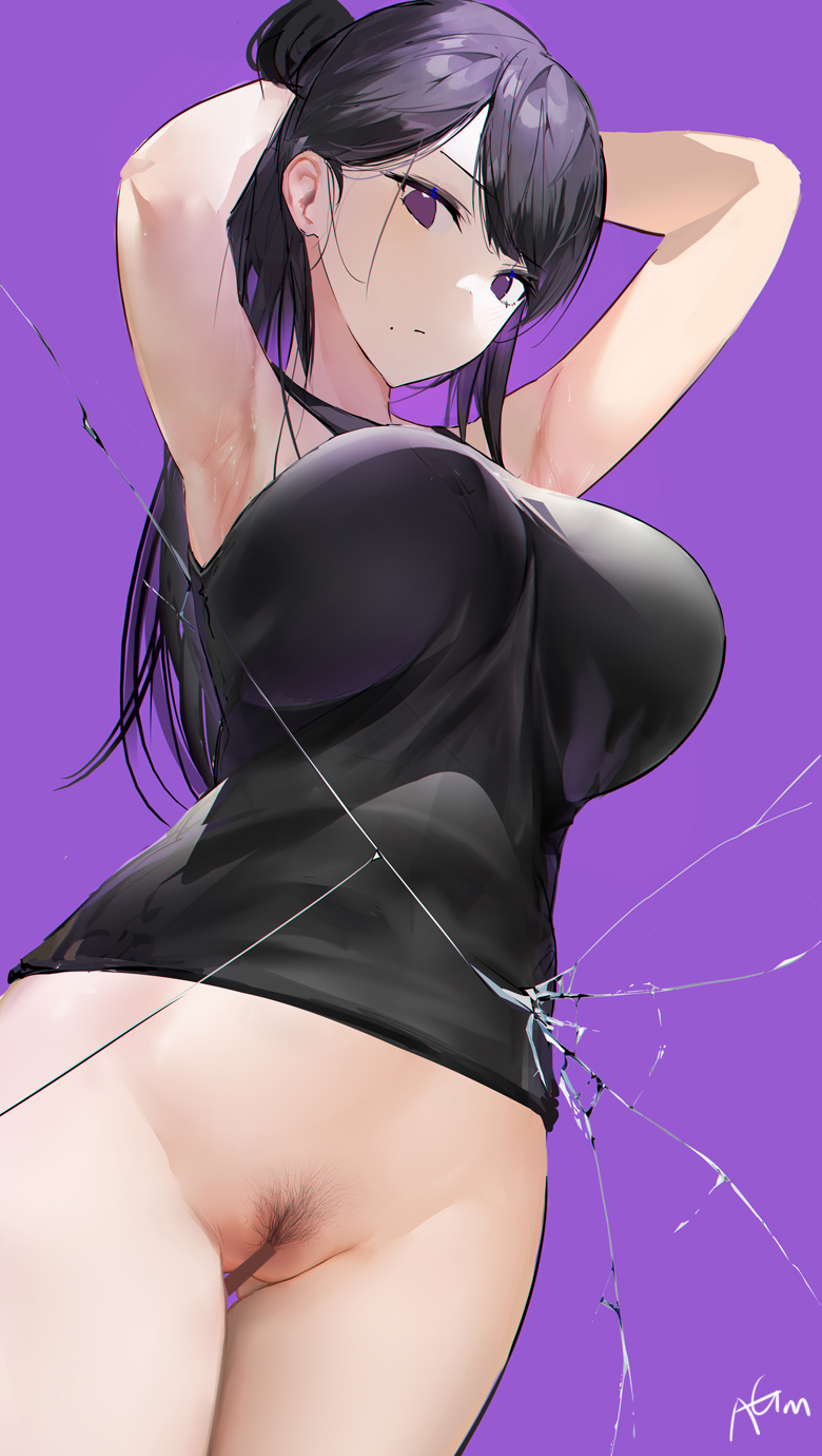 armpits arms_up asian asian_female bar_censor beauty_mark big_breasts black_hair bottomless censored eyewear female female_pubic_hair hi_res highres light-skinned_female light_skin long_hair looking_at_viewer minakata_hizuru mole mole_under_mouth nipples_visible_through_clothing omone_hokoma_agm petite pubic_hair pussy summer_time_render summertime_render topwear vagina violet_eyes