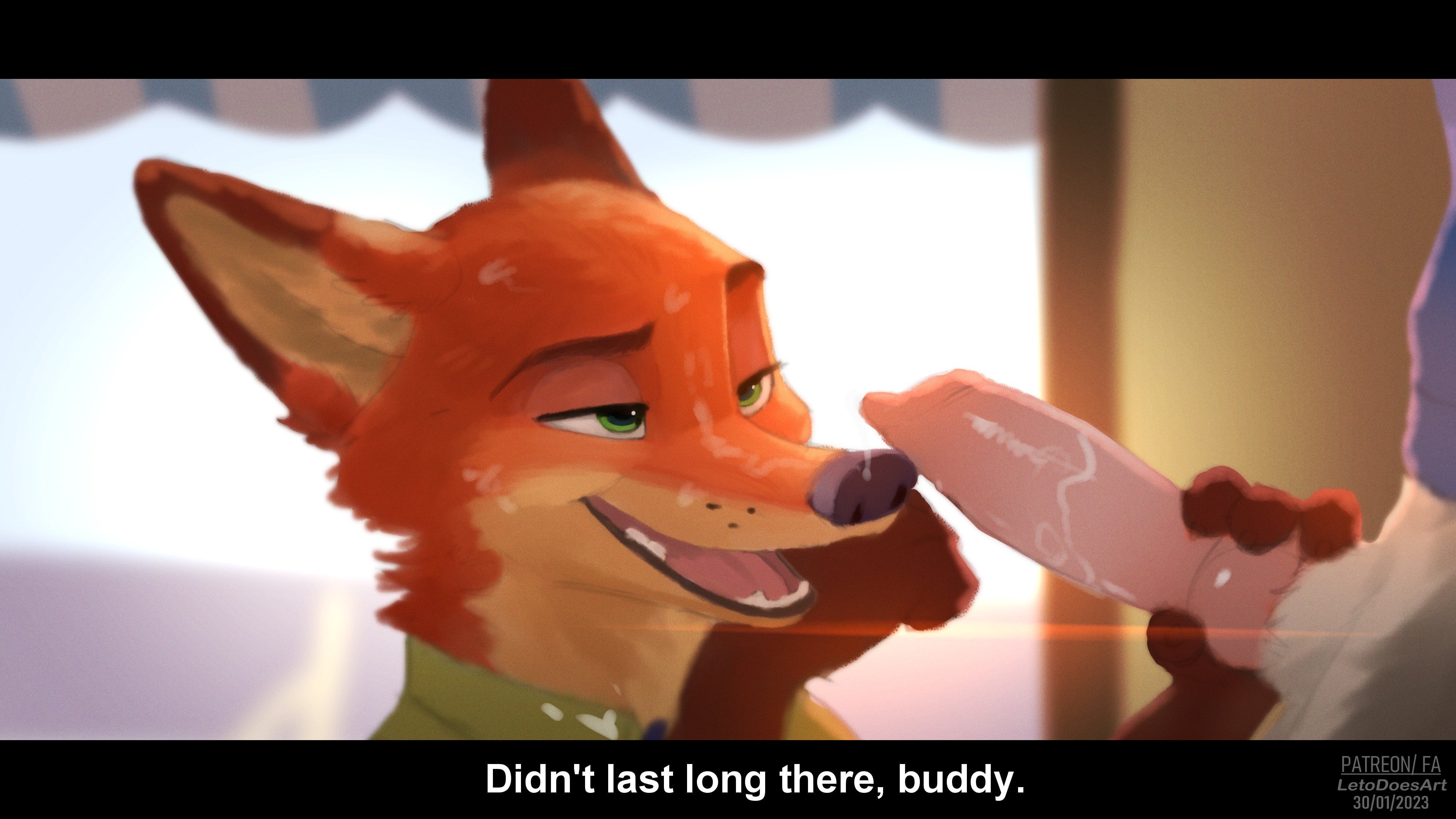 2boys, after oral, after sex, animal genitalia, animal penis, anthro, blowjob, canine penis, clothing, cocky, color, cum, cum on face, dialogue, digital media (artwork), disney, duo, english text, erection, fox, gay, green eyes, hand on knot, hand on penis, knot, letodoesart, male, male only, male/male, nick wilde, orange fur, penis, sheath, smile, text, uncensored, yaoi, zootopia