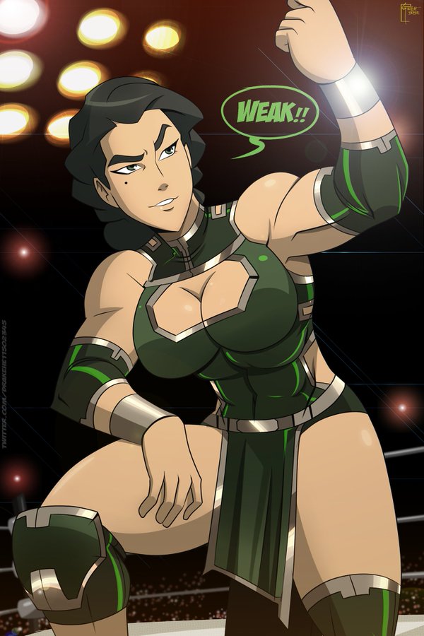1girls, abs, avatar legends, braided ponytail, breasts, clothing, drakehernandez, earth kingdom, english text, female, female focus, female only, great dude, grey eyes, kuvira, large breasts, long hair, mole, mole under eye, muscular, muscular female, speech bubble, text, the legend of korra, wrestling ring
