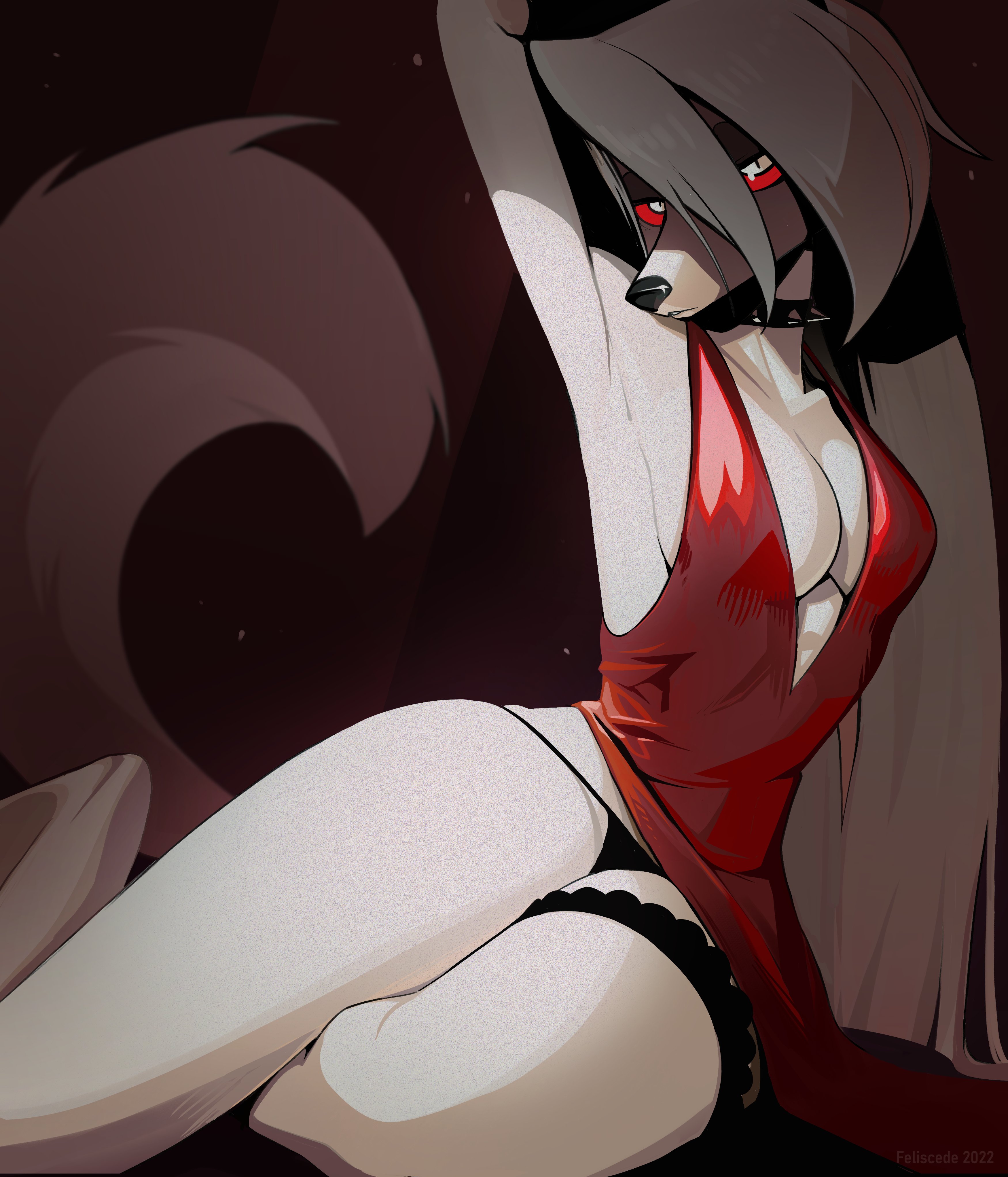 1girls, 2022, 2d, absurd res, anthro, armpits, black nose, black panties, black pupils, breasts, canine, canine humanoid, collar, demon, demon girl, digital media (artwork), dress, feliscede, female, female only, furry, furry female, furry only, hair, hellhound, helluva boss, hi res, long hair, looking at viewer, loona (helluva boss), mammal, mammal humanoid, panties, red dress, red sclera, sideboob, solo, spiked collar, tail, voluptuous, voluptuous female, white body, white eyes, white hair, wolf, wolf humanoid