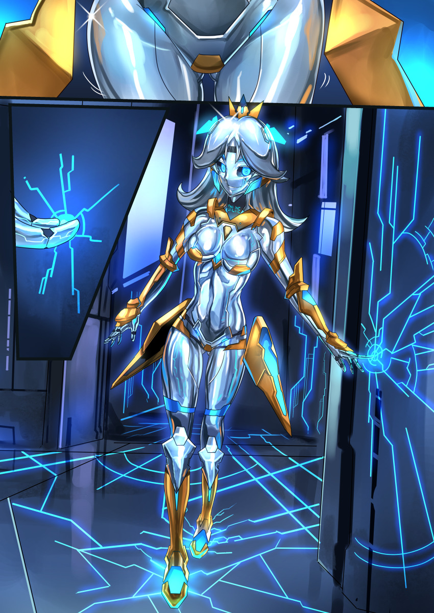 1girls barcode blue_eyes breasts comic crown ibenz009 large_breasts long_hair looking_at_viewer mario_(series) metal_hair metal_transformation metallic_body nintendo princess_daisy robot robot_girl robotization silver_hair transformation