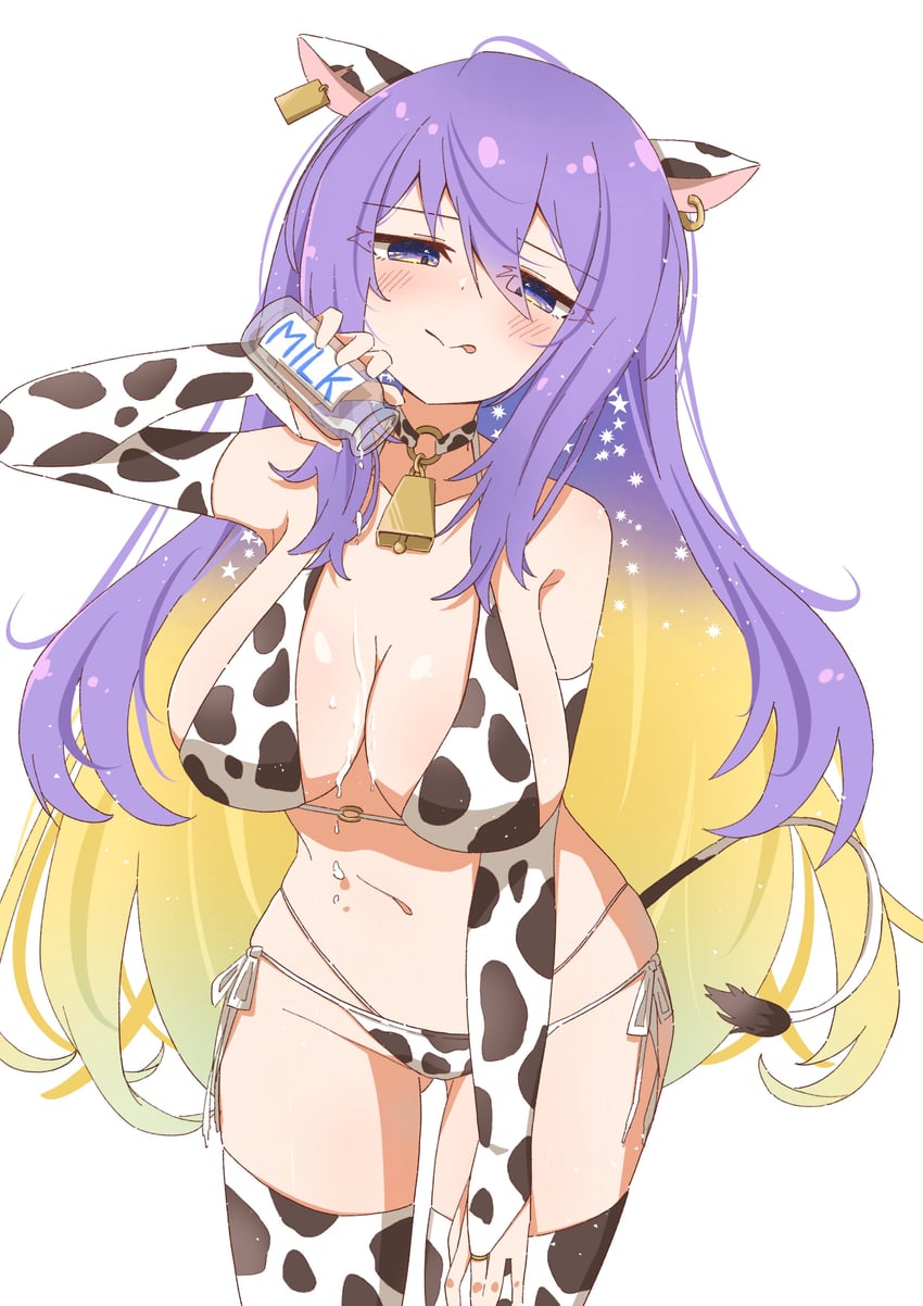 1girls, animal ears, animal print, bell, big breasts, breasts, choker, cow bikini, cow print, cow print armwear, cow print bikini, cow print thighhighs, cow tail, female, female only, hololive, hololive indonesia, hololive indonesia area 15, long hair, milk, moona hoshinova, purple eyes, solo, thick thighs, thighhighs, thighs, two-tone hair, virtual youtuber