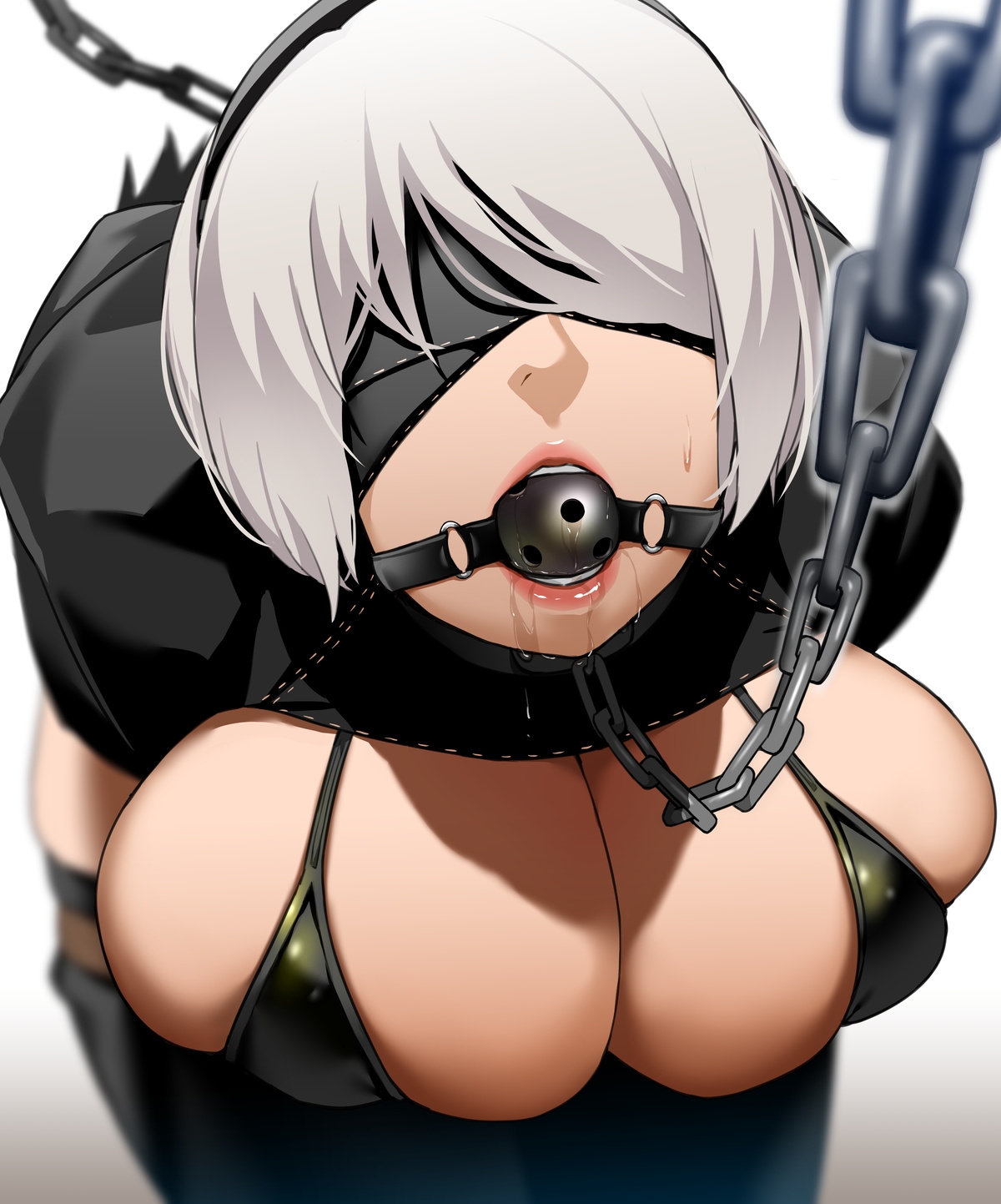 1girls, android, android girl, arms behind back, bakkanki, ball gag, beauty mark, big breasts, bikini, bikini top, black bra, black dress, blindfold, bondage, bound, bra, breasts, chain, chain leash, chains, cleavage, collar, dress, drool, drooling, emotionless, expressionless, female, female protagonist, femsub, front view, gag, gagged, hairband, high resolution, kneeling, large breasts, leaning forward, leash, mole under mouth, nier (series), nier: automata, pink lipstick, sex slave, short hair, slave, square enix, sweatdrop, thighhighs, uncomfortable, viewer holding leash, white background, white hair, yorha 2b