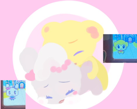 1boy 1girls artist_request baboon blush closed_eyes cute female furry heart_accessory kikitchi lovelitchi male male/female male_penetrating no_visible_genitalia source_request tagme tamagotchi white_fur yellow_fur