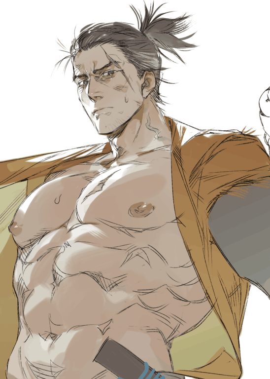 34am abs dark_hair facial_scar fromsoftware looking_at_viewer male male_only mature_male muscular muscular_male open_clothes open_shirt pecs scar scars sekiro sekiro:_shadows_die_twice solo stubble sweatdrop tied_hair undressing upper_body vein