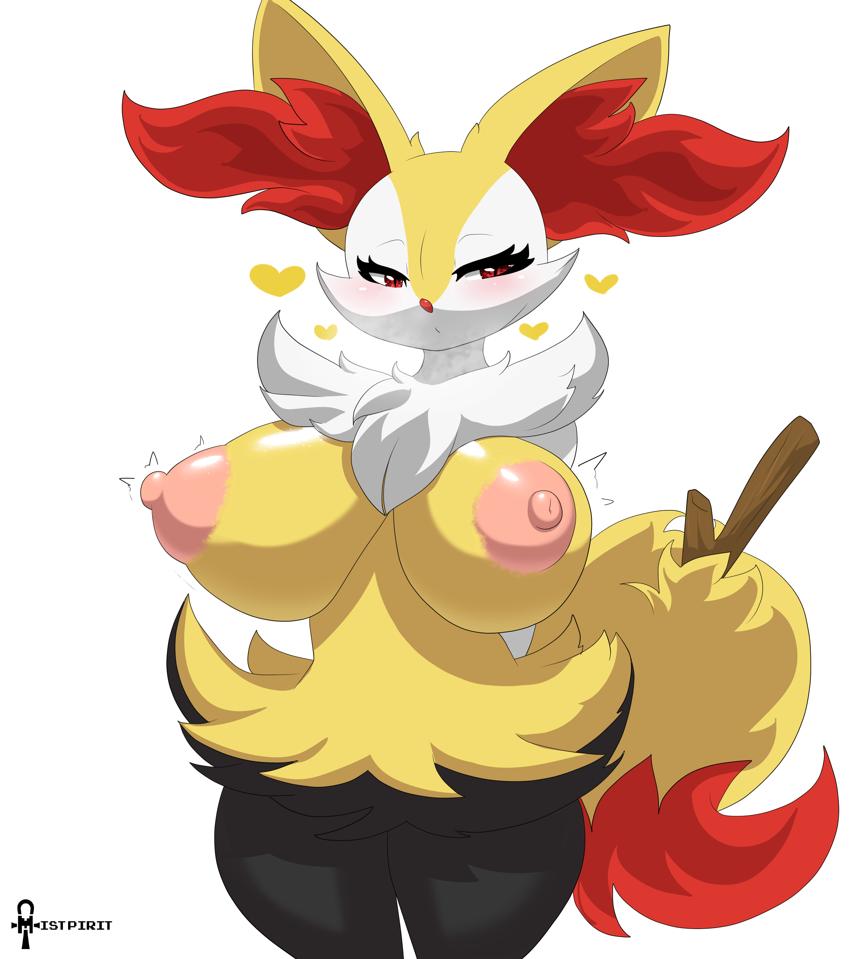 1girls, anthro, arms behind back, big breasts, braixen, breasts, busty, female, female only, fox, large breasts, looking at viewer, mistpirit, nintendo, nipples, nude, nude female, pokémon (species), pokemon, pokemon (species), solo, thick thighs