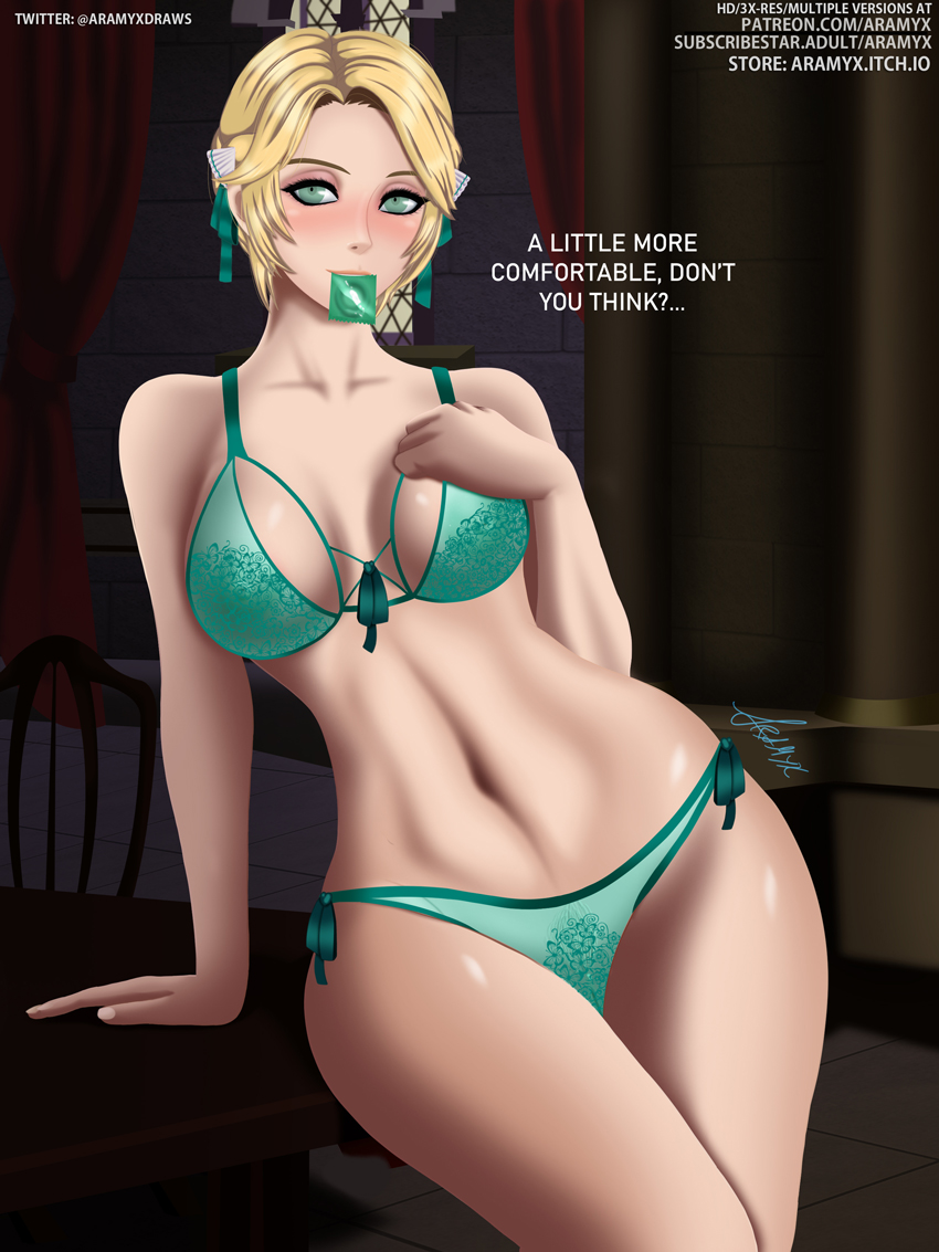 1girls, aramyx, bare thighs, bedroom eyes, blonde hair, blush, bra, breasts, condom, condom in mouth, english text, female, female only, fire emblem, fire emblem: three houses, green eyes, green panties, indoors, ingrid brandl galatea, lingerie, looking at viewer, medium breasts, mouth hold, nintendo, panties, post-timeskip, short hair, solo, text, thick thighs, thighs, underwear