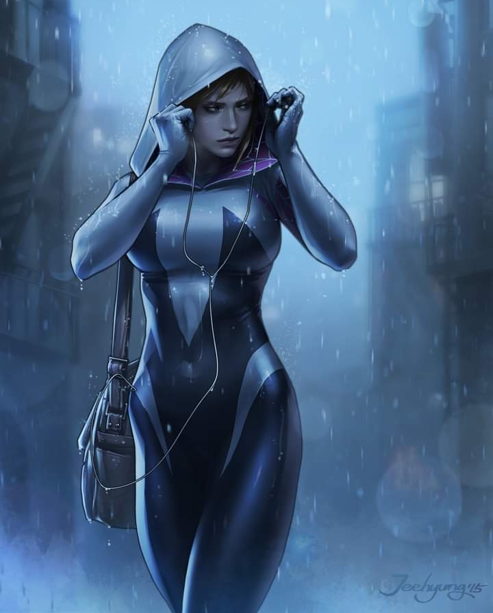 1girls, blonde hair, breasts, curvy, curvy female, curvy figure, female, female only, gwen stacy, jee-hyung lee, light skin, light-skinned female, marvel, marvel comics, solo, spider-gwen, straight hair, superheroine