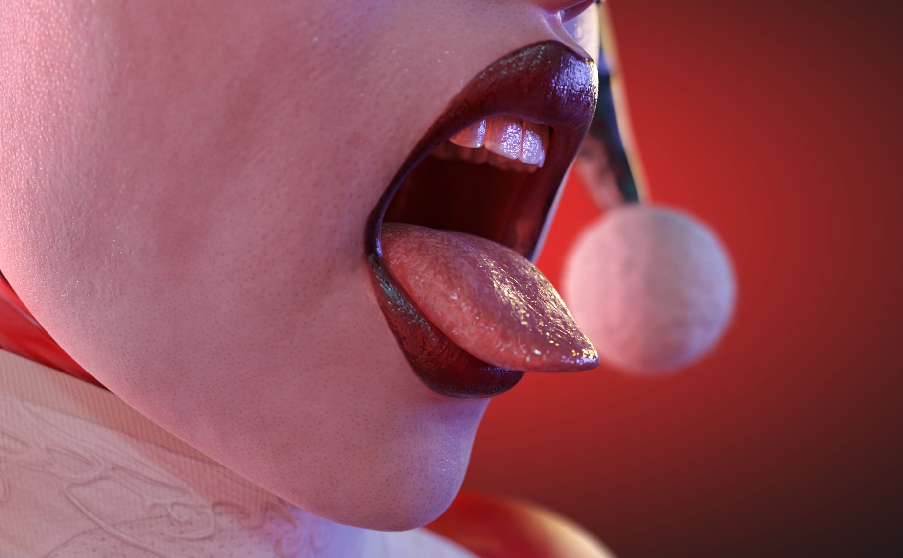 1girls, 3d, 3d (artwork), batman (series), big lips, close-up, dc, dc comics, female, female only, harley quinn, harley quinn (classic), harley quinn (injustice), injustice 2, lip focus, lips, mouth, open mouth, red background, simple background, smitty34, solo, solo female, tongue, villain, villainess