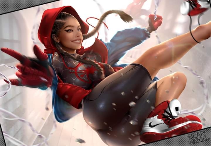 1girls, ass, ass focus, bear witch, big ass, big breasts, black hair, breasts, curvy, curvy female, dark skin, dark-skinned female, female, female focus, female only, genderswap, genderswap (mtf), hood, human, human only, large ass, large breasts, latina, lowres, marvel, marvel comics, melissa morales, miles morales, rule 63, shoes, smile, solo, spider-man, spider-man (series), spider-man: into the spider-verse, superheroine, tight clothing, wavy hair, wide hips