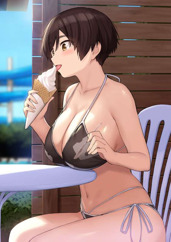 bikini black_bikini brown_eyes cccpo ice_cream licking_ice_cream short_hair tied_bikini tomboy very_short_hair