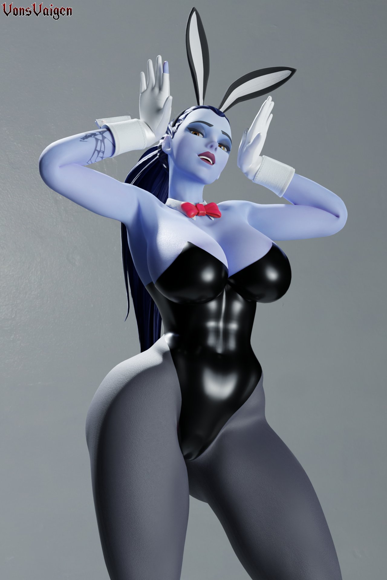 1girls 3d abs amelie_lacroix animal_hair_ornament big_ass big_breasts blizzard_entertainment bunny_ears bunny_girl bunnysuit cleavage female_only latex looking_at_viewer overwatch overwatch_2 pantyhose ponytail purple_hair purple_skin shiny_clothes skin_tight smile solo thick_thighs tight_clothing vonsvaigen wide_hips widowmaker yellow_eyes