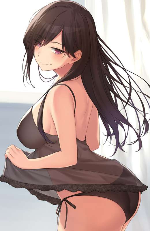 ass brown_eyes camisole cccpo large_breasts lingerie long_hair panties see-through_clothing side_tie_panties violet_eyes