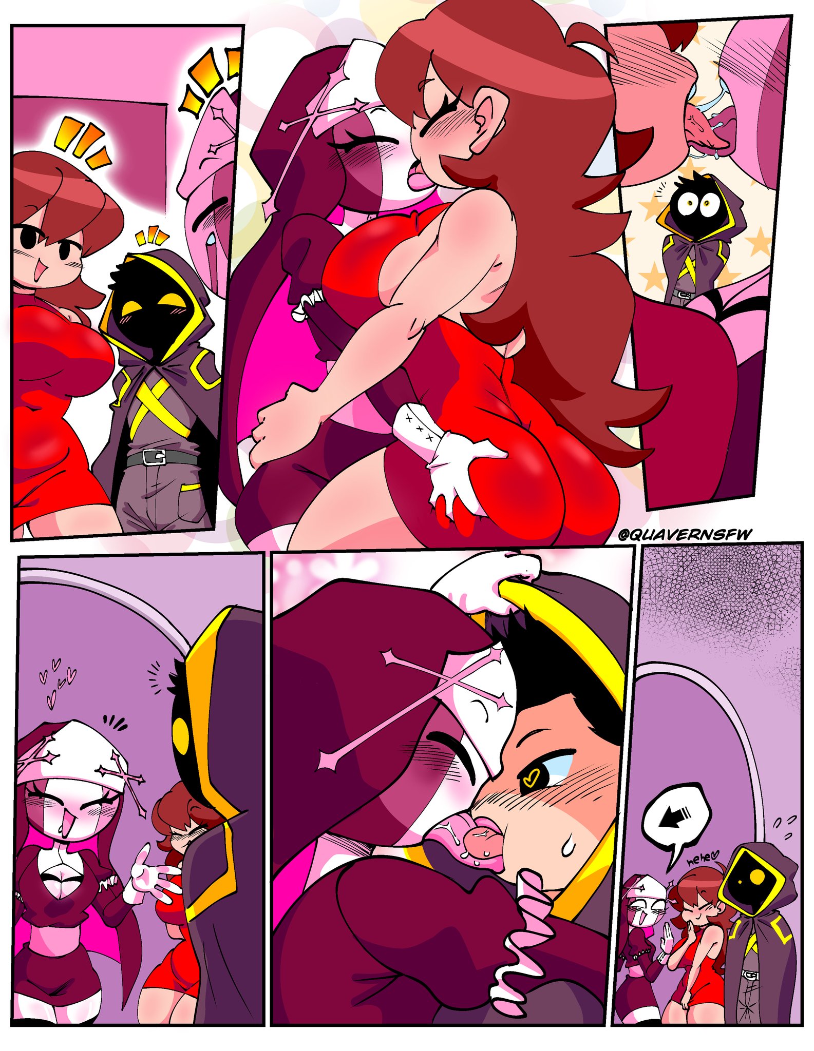 1boy, 2girls, ass, ass grab, clothing, comic, female, friday night funkin, girlfriend (friday night funkin), imminent sex, kissing, long tongue, male, mid fight masses, mid-fight masses, nun, nun outfit, oc, quavernsfw, red dress, sarvente (dokki.doodlez), sarvente (friday night funkin), sarvente and girlfriend (comic 2), sweat, tagme, thick thighs, tongue kiss, yuri