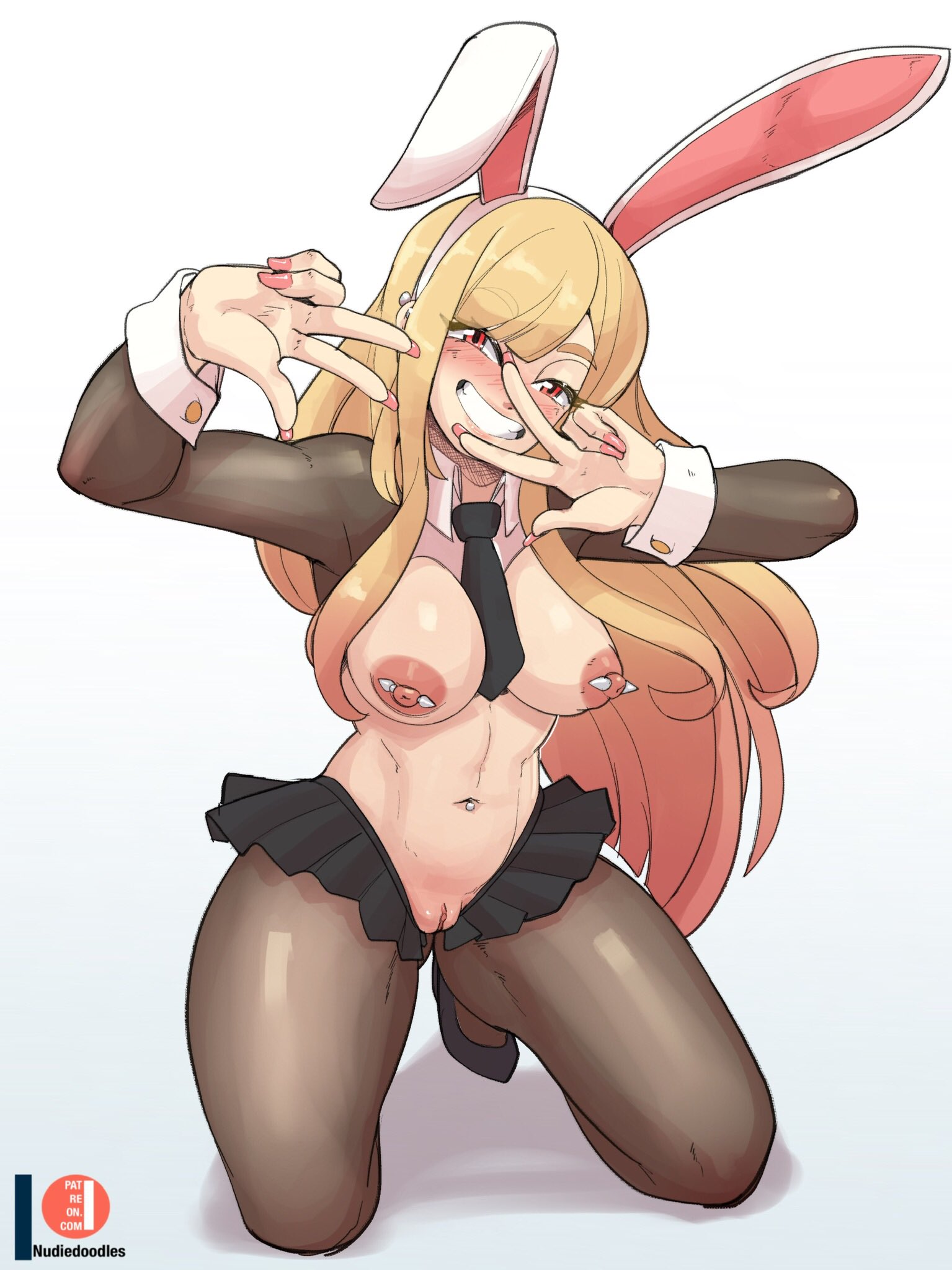 1girls, big breasts, blonde hair, blush, breasts, bunny ears, female, female only, kitagawa marin, nipple piercing, nipples, nudiedoodles, painted nails, piercing, pussy, reverse bunnysuit, smile, solo, sono bisque doll wa koi wo suru