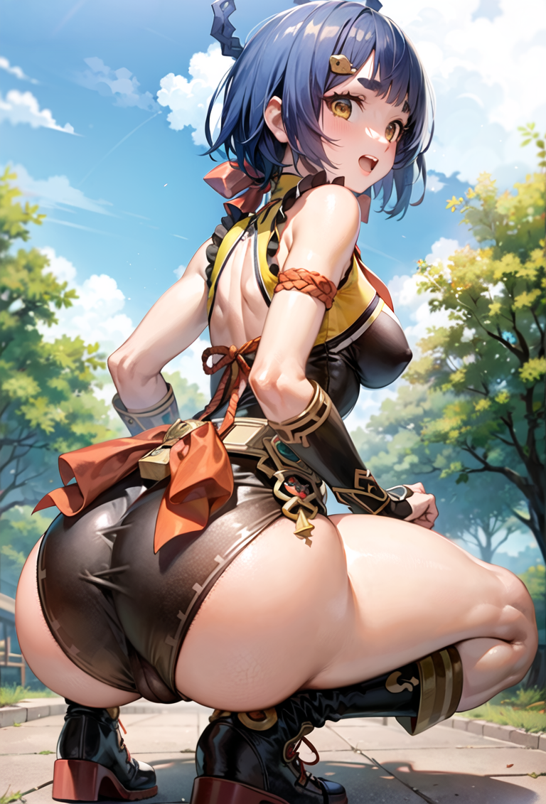 ai generated, ass, ass focus, bare shoulders, blue hair, blush, boots, breasts, cameltoe, chinese clothes, female, fingerless gloves, from behind, genshin impact, gloves, hair rings, huge ass, leotard, looking at viewer, looking back, medium breasts, open mouth, orange eyes, pussy, shiny, shiny clothes, shiny hair, shiny skin, short hair, sideboob, smile, solo, squatting, thick thighs, xiangling (genshin impact), yuki diffusion