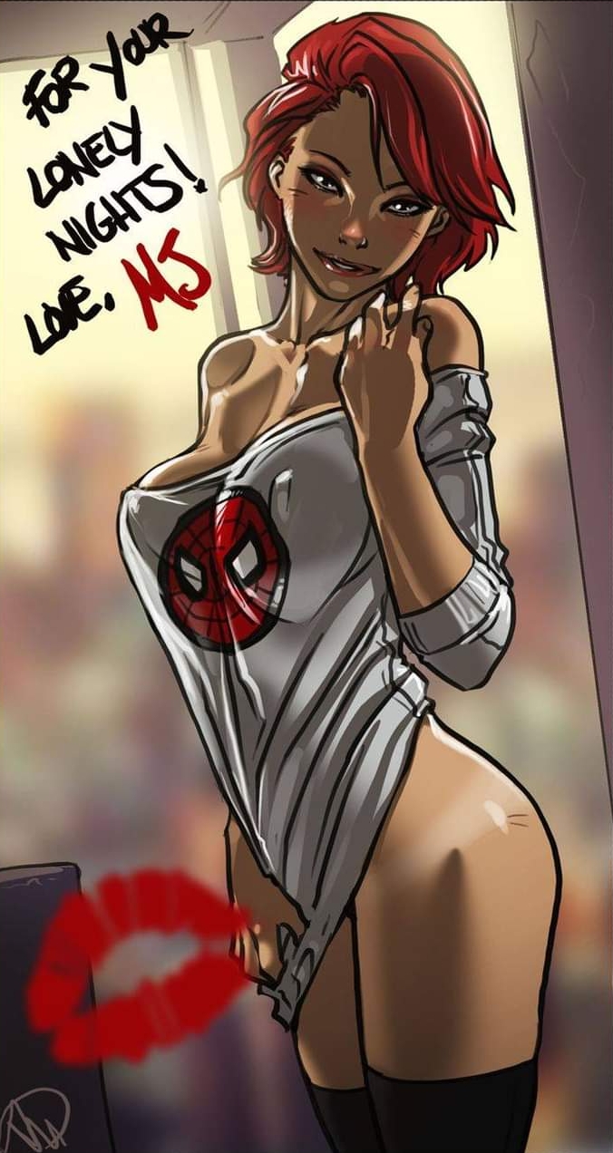 1girls, big breasts, breasts, cleavage, curvy, curvy female, female, female focus, female only, ganassa, light skin, light-skinned female, marvel, marvel comics, mary jane watson, nipple bulge, no panties, off-shoulder shirt, red hair, shirt, short hair, solo, spider-man (series), straight hair, tanline, thighhighs, underwear, voluptuous, voluptuous female, wide hips