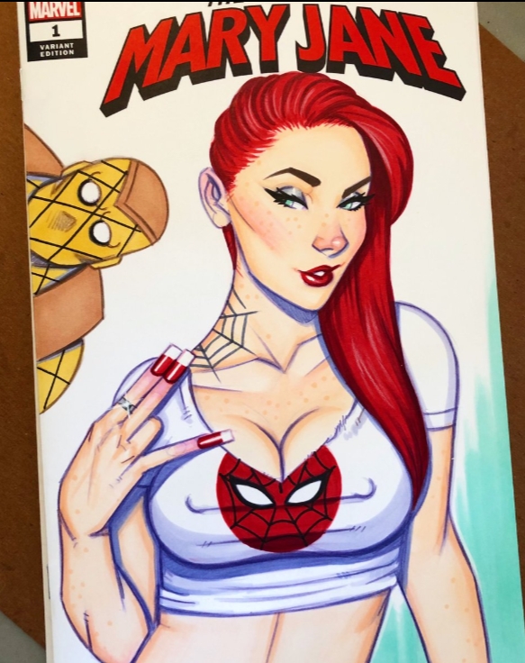 1boy 1girls artist_request big_breasts breasts curvy duo female headband light-skinned_female lipstick male married_woman marvel marvel_comics mary_jane_watson nails red_hair shirt shocker_(marvel) spider-man_(series) straight_hair voluptuous_female wedding_ring wide_hips