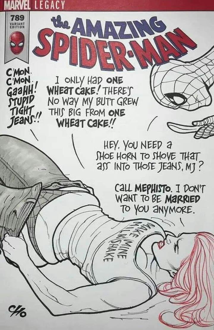 1boy 1girls ass big_ass big_breasts breasts cake caked_up curvy dat_ass english_text fat_ass female frank_cho inconvenient_ass jeans lipstick male marvel marvel_comics mary_jane_watson panties pants pawg red_hair spider-man spider-man_(series) superhero text thick thick_body thick_thighs thong underwear voluptuous voluptuous_female weight_gain wide_hips