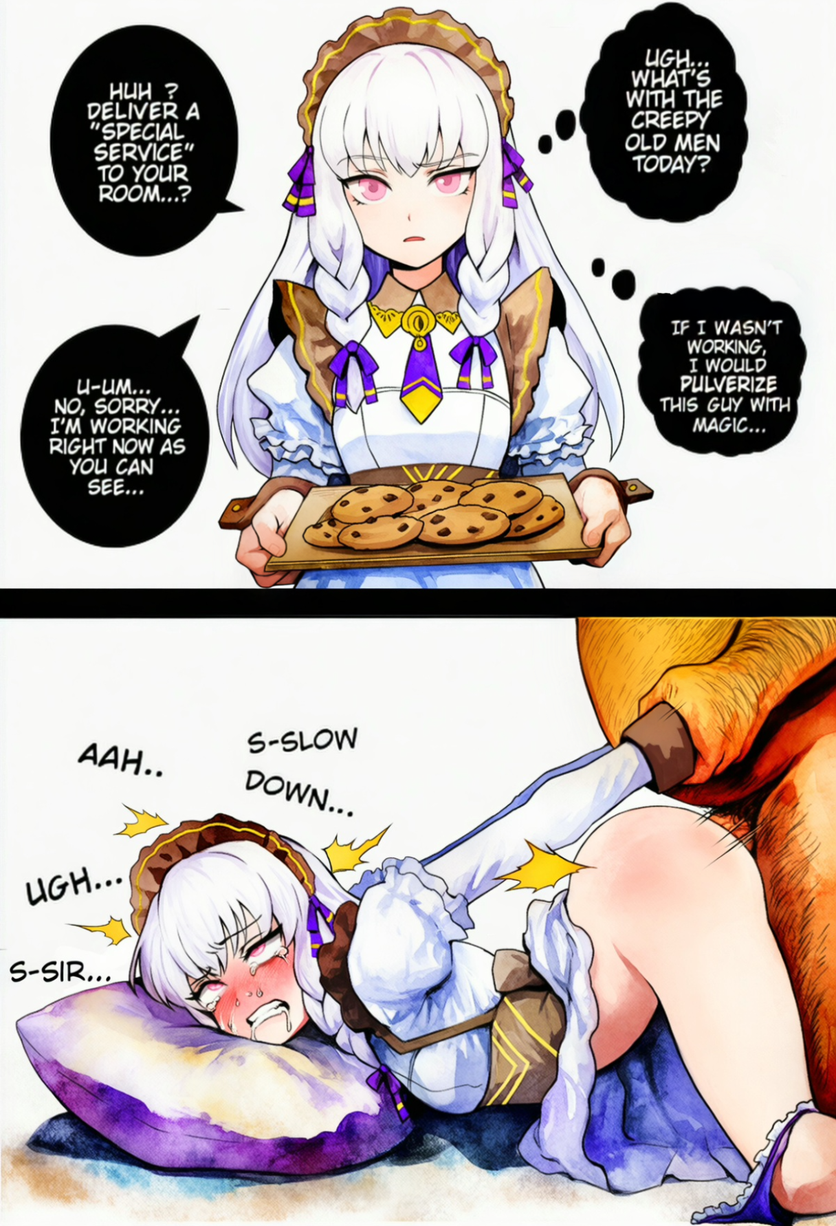 2koma, adult and teenager, age difference, ai generated, arm grab, arms behind back, clenched teeth, clothed female nude male, comic, cookie, crying, crying with eyes open, doggy style, dress, dress lift, drooling, english text, eyelashes, femsub, fire emblem, fire emblem: three houses, hetero, instant loss 2koma, long hair, lysithea von ordelia, lysithea von ordelia (tea party), maid, maid headdress, maid outfit, maid uniform, male penetrating, male penetrating female, maledom, necktie, nintendo, noblewoman, novelai, official alternate costume, older male, older male and younger female, older penetrating younger, panties, panties around one leg, penis, pillow, pink eyes, put in place, rolling eyes, sex, sex from behind, small breasts, speech bubble, stradiviolet, submissive, submissive female, teenage girl, teenager, text, thighs, thought bubble, waitress, white background, white hair, younger female