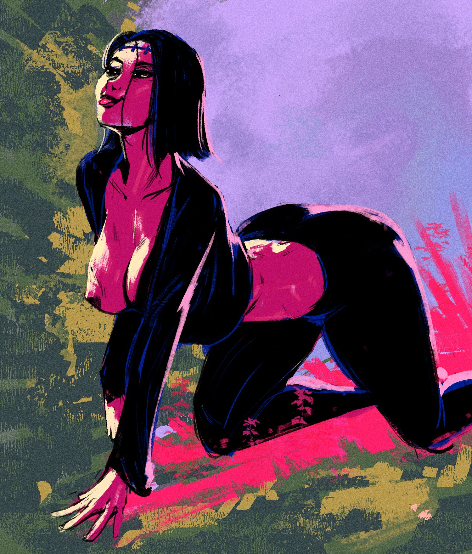 all fours, alluring, asian, asian female, ass, big ass, big breasts, black hair, breast slip, breasts, breasts out, cleavage, crawling, crop top, deep cleavage, female, female only, forehead scar, itadori kaori, japanese, japanese female, jujutsu kaisen, kenjaku, large breasts, mature, mature female, midriff, milf, mom, mommy, nipple slip, nipples, one breast out, redblacktac, scar, seducing, seductive, seductive pose, sensual, solo, solo female, tight clothing, tongue, tongue out