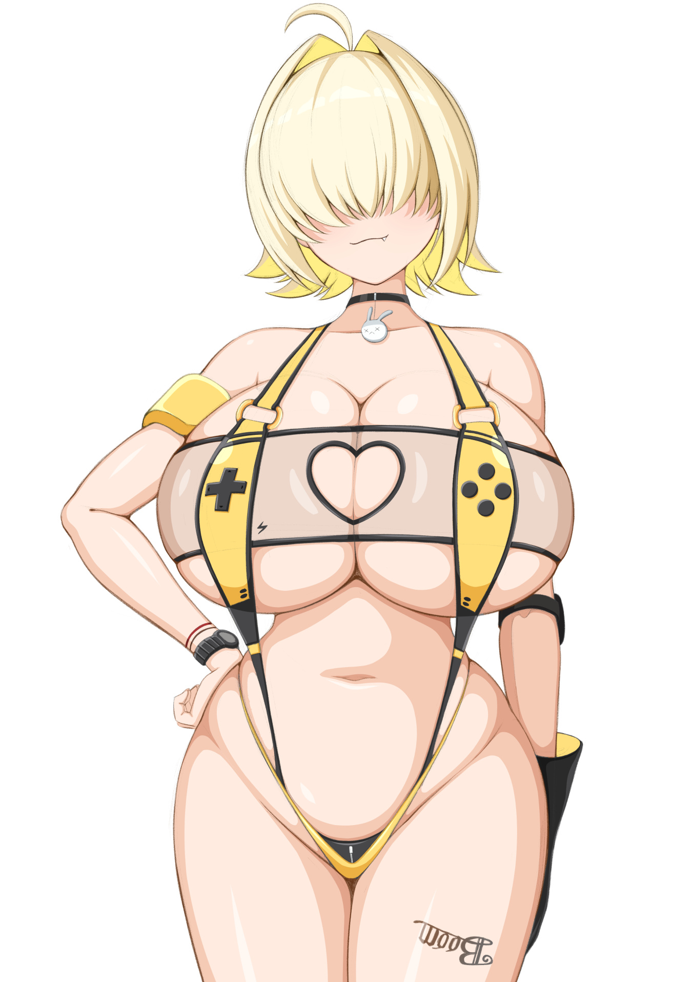 ahoge, black choker, blonde hair, breasts, censored, choker, cleavage, closed mouth, commentary request, cowboy shot, curvy, elegg (boom and shock) (nikke), elegg (nikke), female, gloves, goddess of victory: nikke, hair intakes, hair over eyes, hand on own hip, heart, heart censor, highres, huge breasts, kokuto, navel, oerba yun fang, plump, short hair, simple background, single glove, slingshot swimsuit, solo, stomach, swimsuit, thighs, white background, wide hips, yellow slingshot swimsuit
