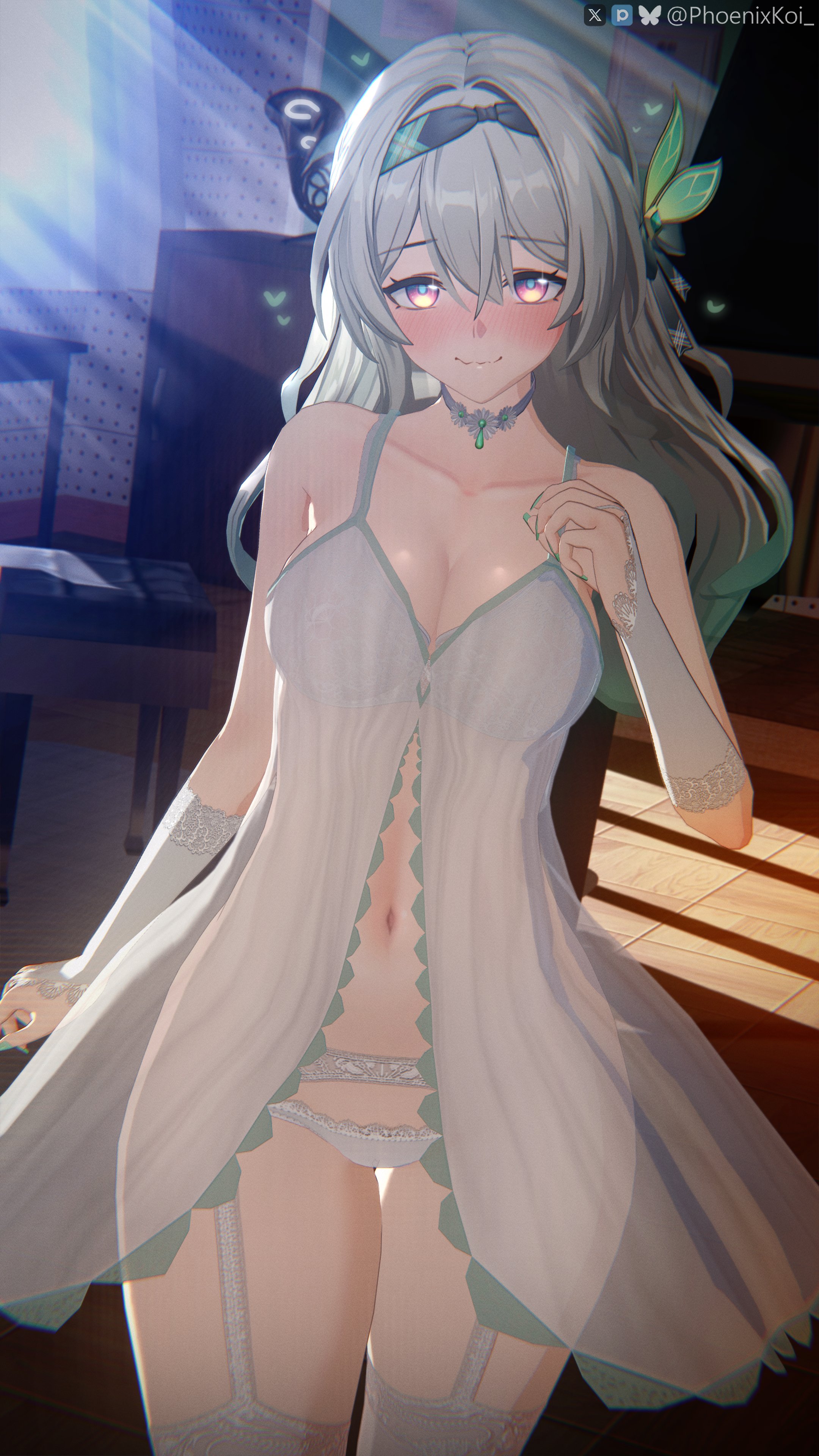 1girls, 3d, blush, breasts, choker, cleavage, embarrassed, embarrassed expression, female, firefly (honkai: star rail), green nails, hair ornament, hearts around head, honkai (series), honkai: star rail, light skin, lingerie, long hair, mostly clothed, multicolored eyes, navel, nightgown, phoenixkoi, silver hair, solo, thighs, whitekoi