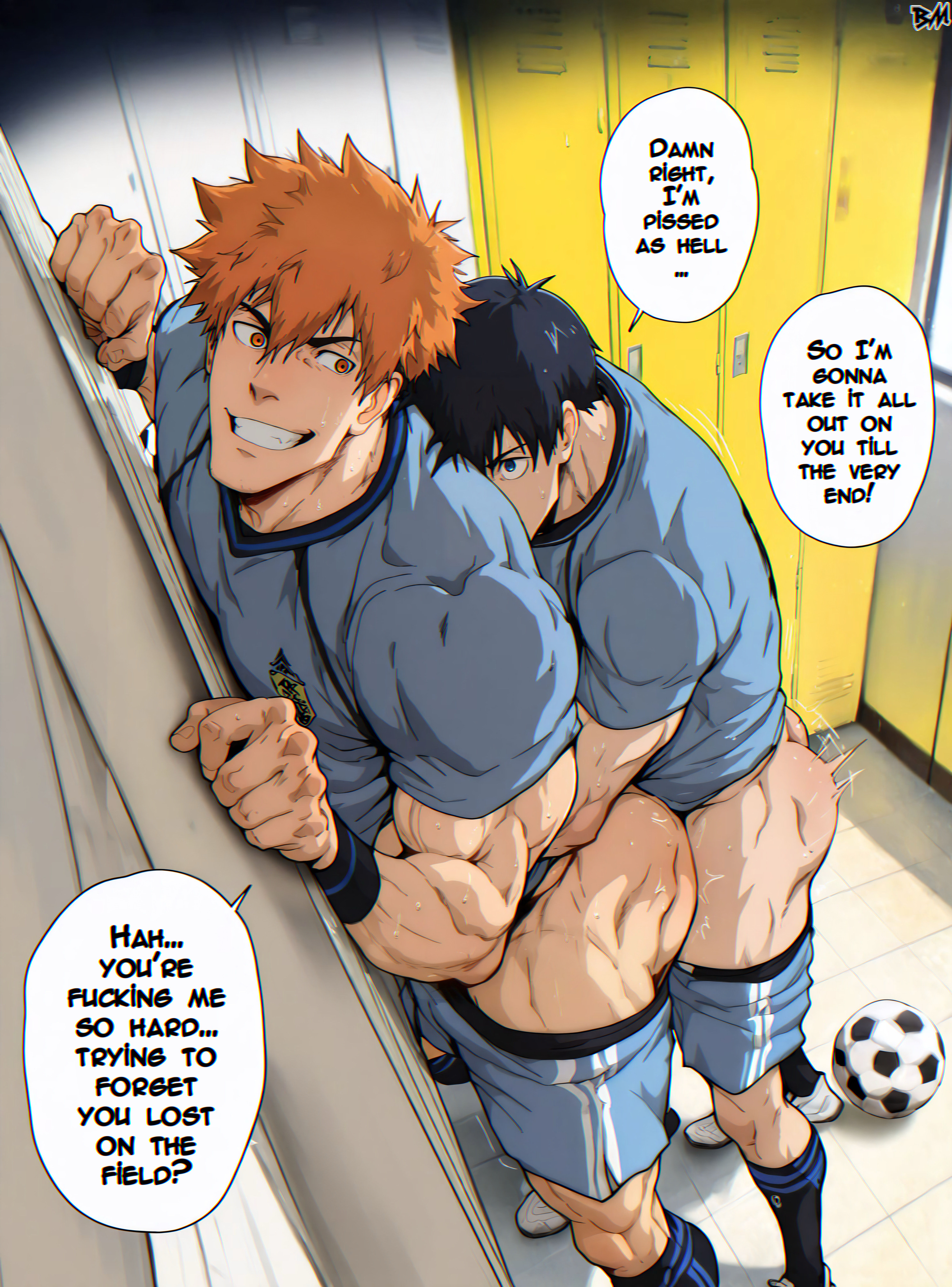 2boys, ai generated, bara, big ass looover, blue lock, gay, isagi yoichi, kunigami rensuke, locker room, male, male focus, male only, muscular, muscular male, yaoi