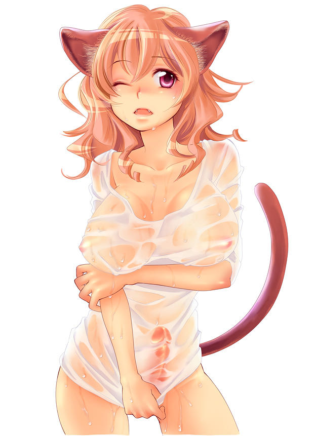 1futa animal_ears blush breasts bulge cameltail cat_ears futanari humanoid large_breasts nipples penis pink_eyes red_hair see-through solo_futa sweat tail uncensored wet