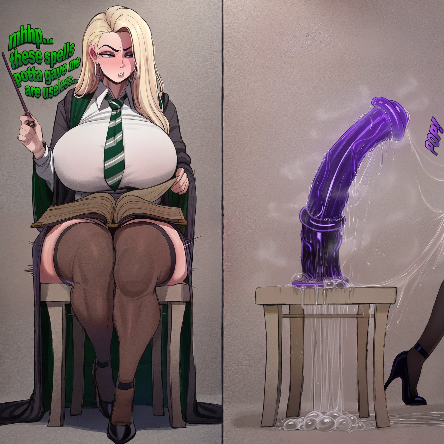 1girls, 2026, ai generated, anal juice, anal juice string, anal juice trail, big breasts, blonde hair, blushing, child bearing hips, dialogue, dildo, dildo sitting, draco malfoy, earrings, excessive anal juice, excessive pussy juice, female, female only, genderswap, green eyes, harry potter, horny, horny female, horse dildo, huge breasts, looking away, noonyx, pussy juice, pussy juice drip, rule 63, school uniform, schoolgirl, text, thick thighs, thunder thighs, tight clothing, wand