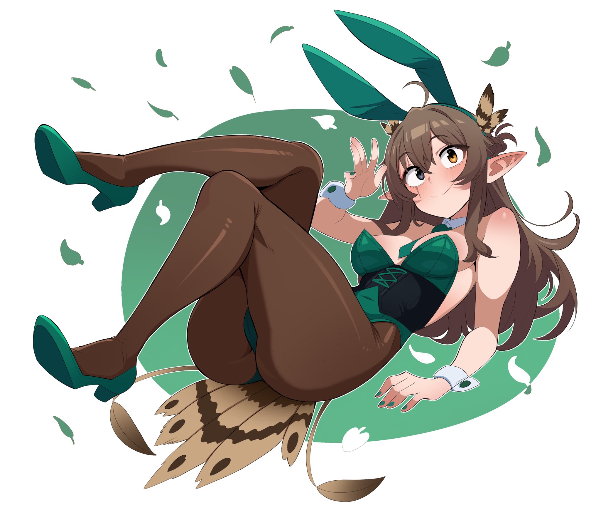 1girls, barefoot, big breasts, bird girl, bird tail, breasts, brown eyes, brown hair, bunnysuit, female, female only, full body, green eyes, green nails, grey eyes, happy, harpy, harpy girl, heterochromia, indie virtual youtuber, kumi (vtuber), leaf, long hair, maidcousin, naked, naked female, nude, nude female, orange eyes, pointy ears, scar, scar across eye, solo, solo female, virtual youtuber, vtuber, waving at viewer