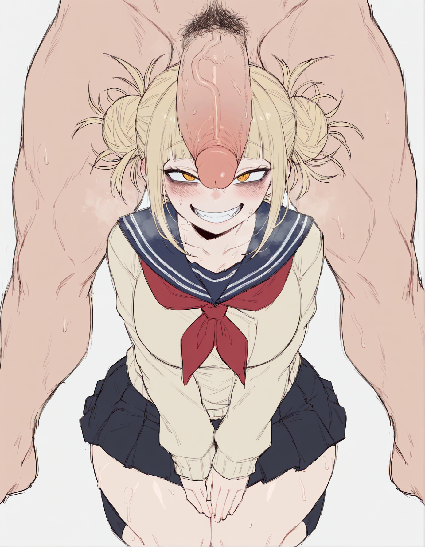 1boy, 1girls, ai generated, astraart, blonde hair, blonde-haired female, heavy breathing, large breasts, large penis, muscular, muscular male, my hero academia, penis on head, size difference, sweat, sweatdrop, sweating, tagme, toga himiko