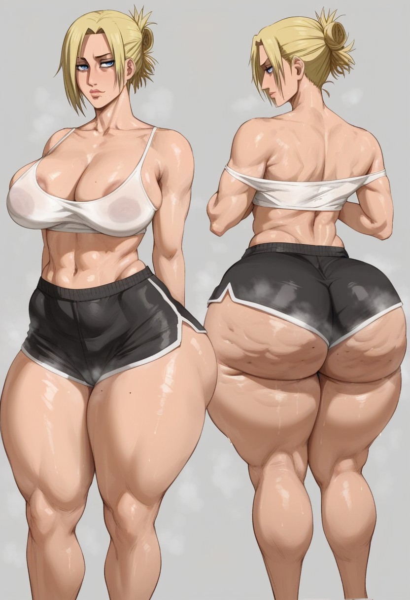 1girls, ai generated, annie leonhardt, ass, attack on titan, big ass, blonde hair, cellulite, dolphin shorts, fat ass, female, female only, legs, lips, oiled, shingeki no kyojin, shorts, taiga20, tank top, thick thighs