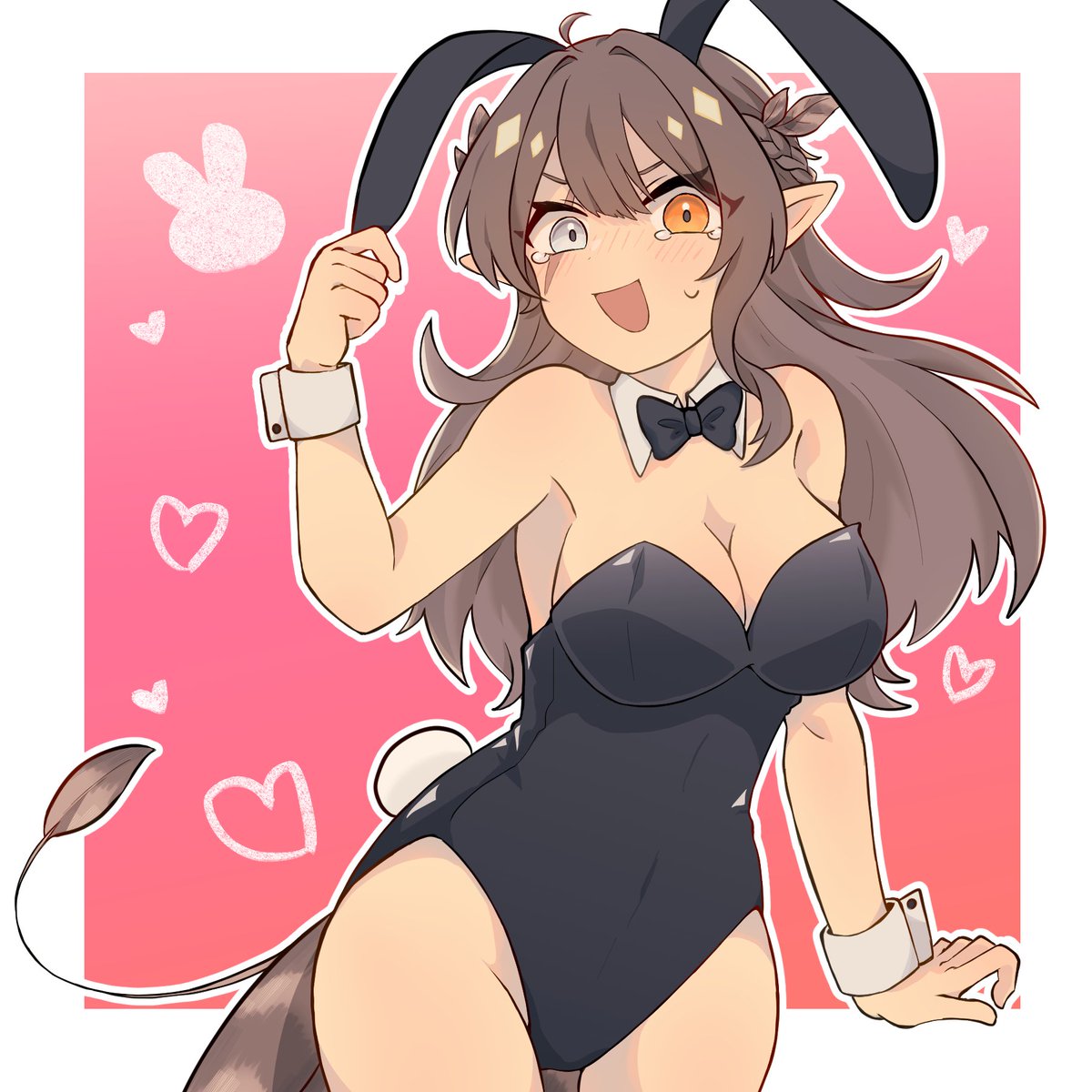 1girls, bird girl, blush, brown hair, bunnysuit, embarrassed, embarrassed expression, embarrassed female, female, female only, grey eyes, heterochromia, indie virtual youtuber, kumi (vtuber), orange eyes, scar, scar across eye, smile, smiling at viewer, unknown artist, virtual youtuber, vtuber