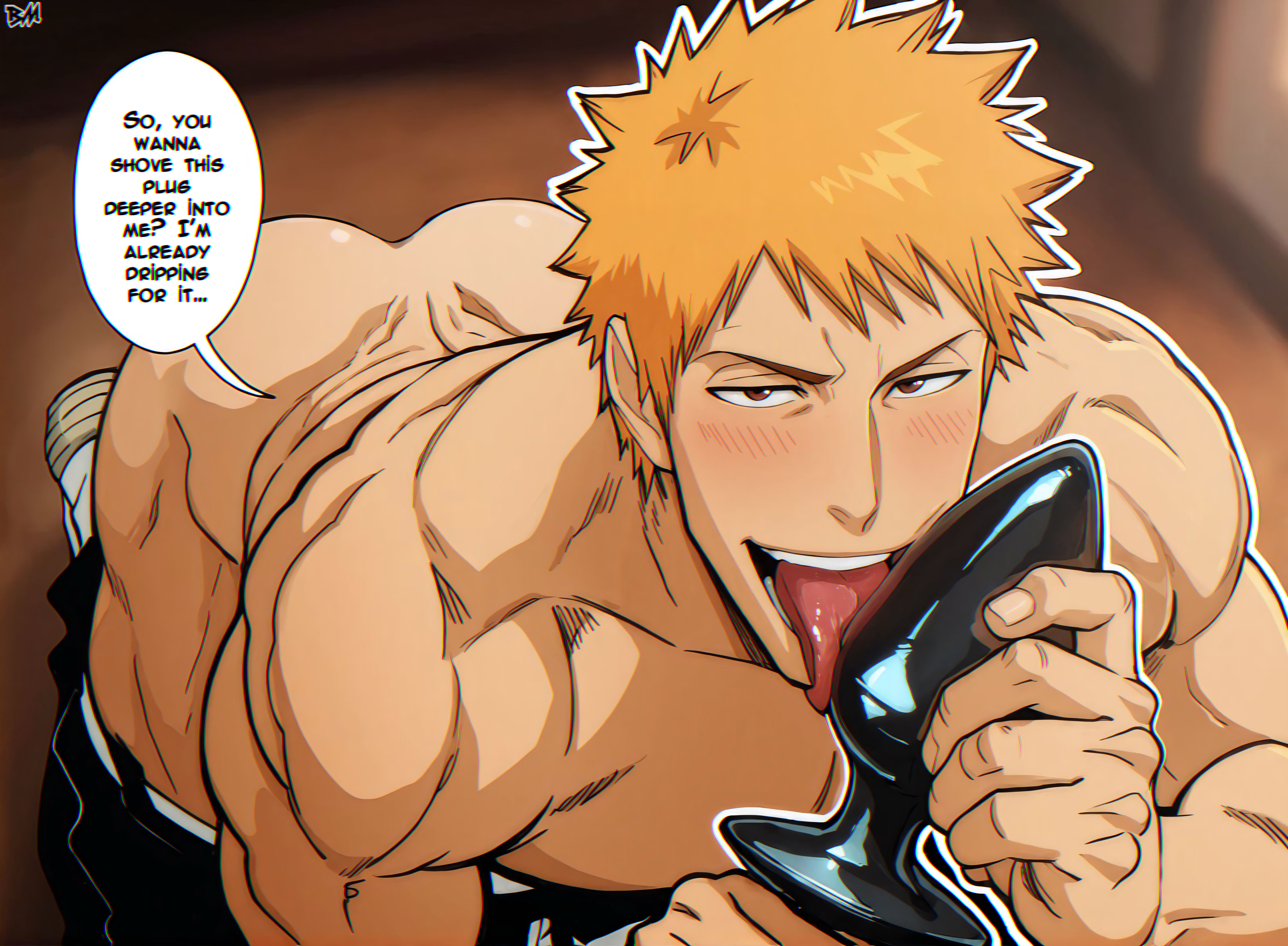 ai generated, bara, big ass looover, bleach, butt plug, gay, ichigo kurosaki, male, male focus, male only, muscular, muscular male, yaoi