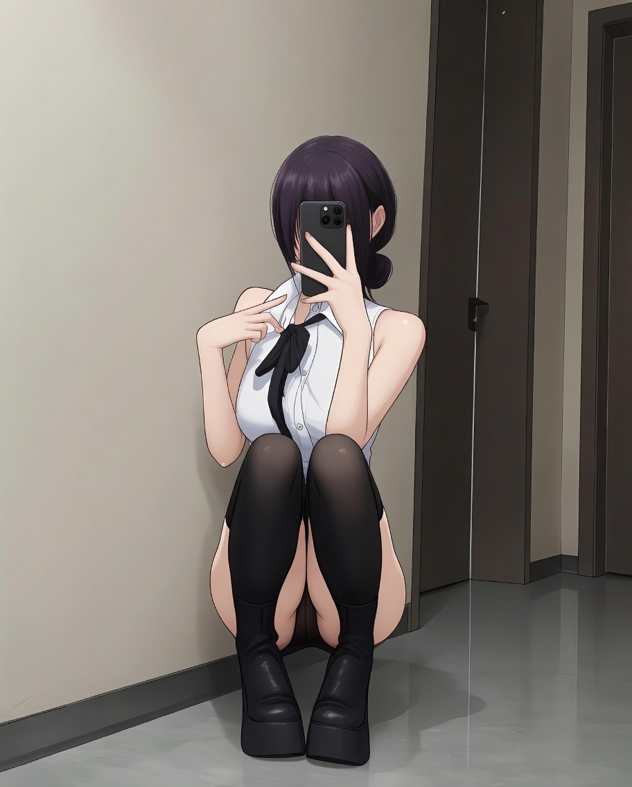 ai generated, ass, black panties, boots, button down shirt, costume, covering face, high thighs, medium breasts, mirror selfie, panties, purple hair, pussy, pussy peek, reze (chainsaw man), selfie