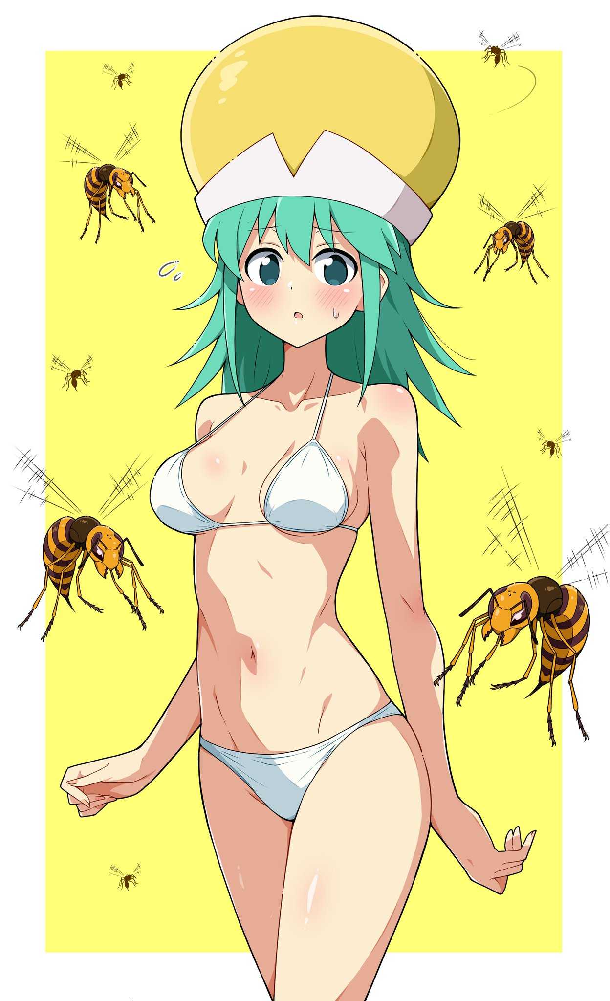 :o, 1girls, 2d, 2d (artwork), 2d artwork, bare arms, bare belly, bare chest, bare hands, bare hips, bare legs, bare midriff, bare navel, bare shoulders, bare skin, bare thighs, belly, belly button, bikini, bikini bottom, bikini only, bikini top, blush, blush face, blushing female, blushing lines, breasts, breasts apart, busty, busty female, busty girl, busty teen, collarbone, curvaceous, curvaceous body, curvaceous female, curvaceous figure, curvaceous hips, curvy, curvy body, curvy female, curvy figure, curvy hips, digital, digital art, digital drawing, digital drawing (artwork), digital media, digital media (artwork), drawing, eggman (ni tamagoex), exposed arms, exposed belly, exposed chest, exposed hips, exposed legs, exposed midriff, exposed navel, exposed shoulders, exposed skin, exposed thighs, eyebrows visible through hair, female, female focus, female only, fingernails, fingers, green eyes, green hair, green-eyed female, green-haired female, groin, hair between eyes, halterneck, high resolution, highres, hornet, hourglass figure, hunter x hunter, inframammary fold, inguinal crease, inguinal ligament, large breasts, lean figure, long hair, looking at viewer, midriff, narrow waist, navel, open mouth, parted lips, ponzu, shoulders, simple background, slender body, slender waist, slim female, slim waist, solo, standing, string bikini, swimsuit, swimwear, thighs, upper body, wasp, white background, white bikini, white bikini bottom, white bikini top, white border, white swimsuit, white swimwear, wide hips, yellow background