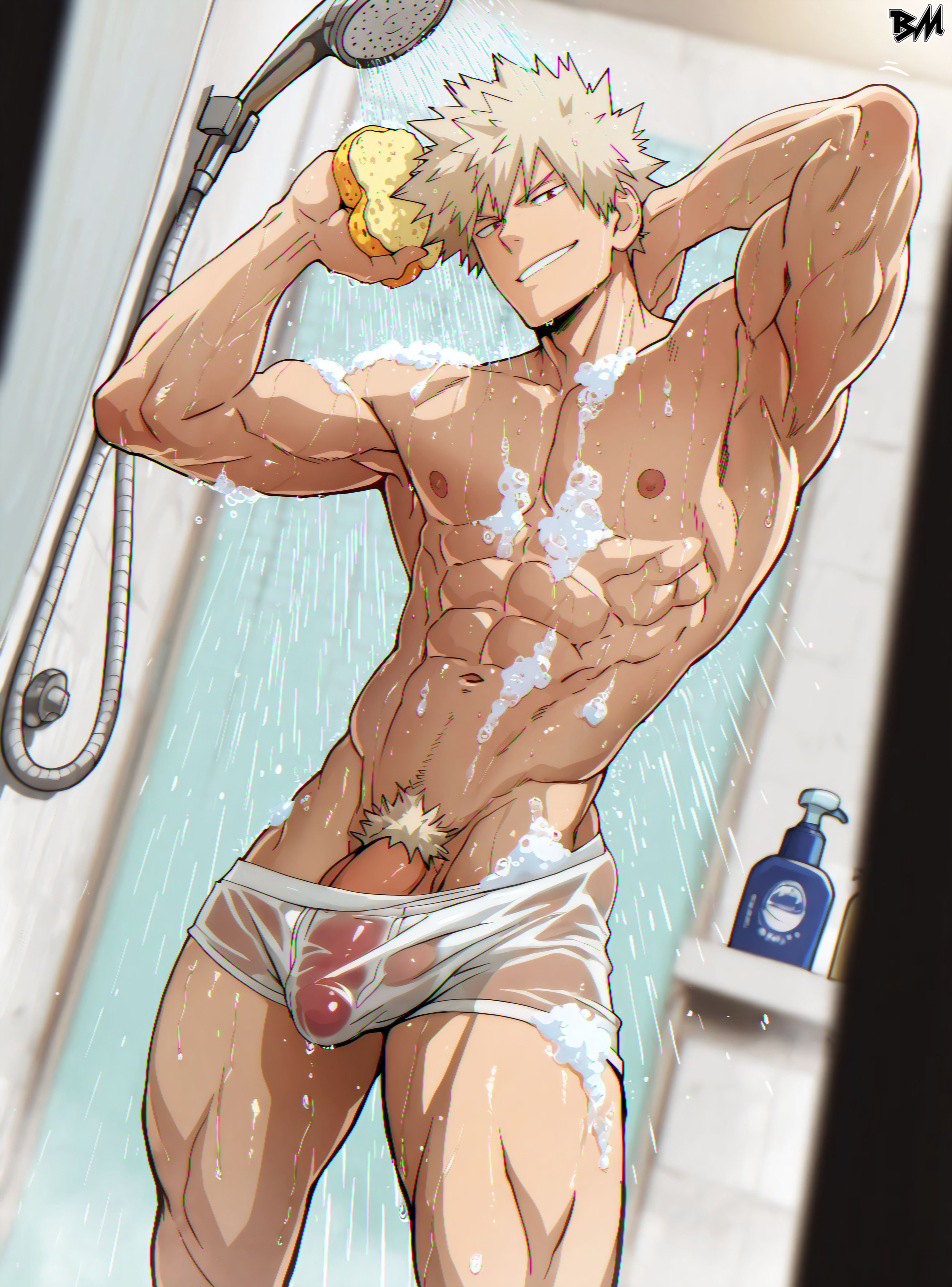 ai generated, bakugou katsuki, bara, big ass looover, boku no hero academia, gay, katsuki bakugou, male, male focus, male only, muscular, muscular male, my hero academia, shower, yaoi