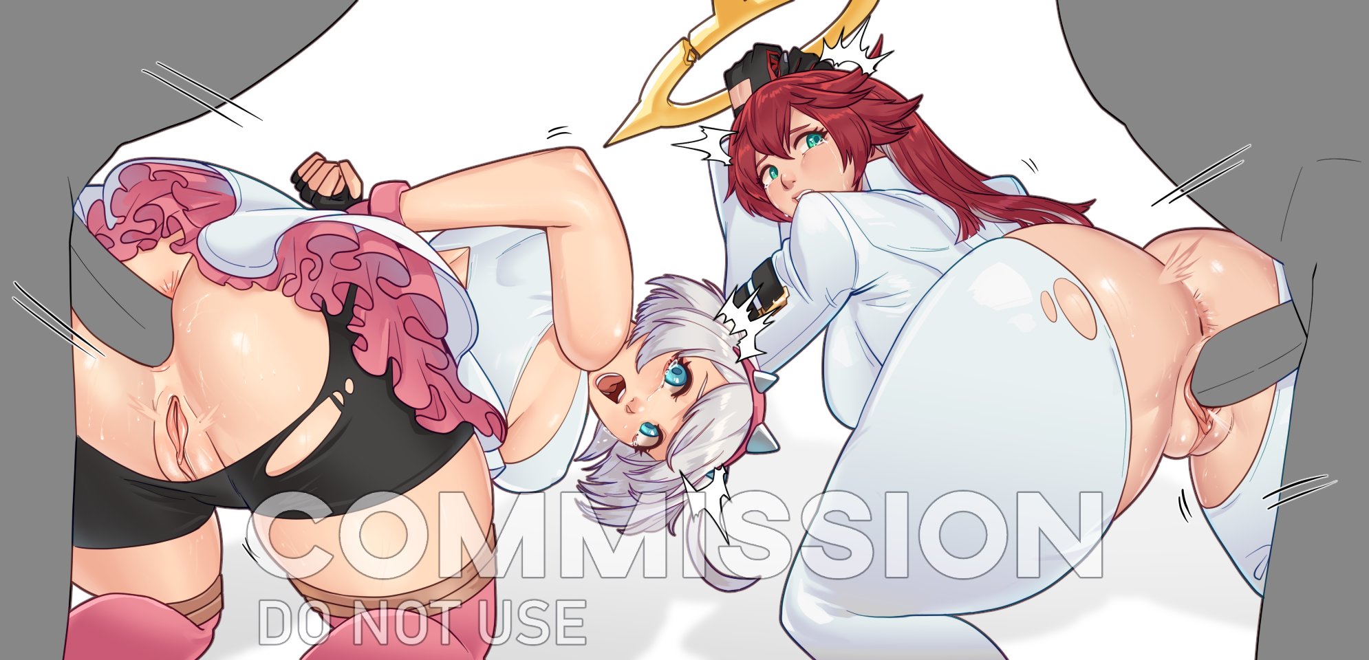 2boys, 2girls, anal, anal sex, anus, ass, ass cutout, bent over, blue eyes, breasts, crying, doggystyle, dress, elphelt valentine, guilty gear, guilty gear strive, hetero, jack-o' valentine, large breasts, looking back, multicolored hair, multiple girls, penis, pussy, rape, red hair, sex from behind, shorts, skullworms, thighhighs, torn bodysuit, torn clothes, torn legwear, torn pants, torn shorts, two-tone hair, vaginal, vaginal penetration, white hair