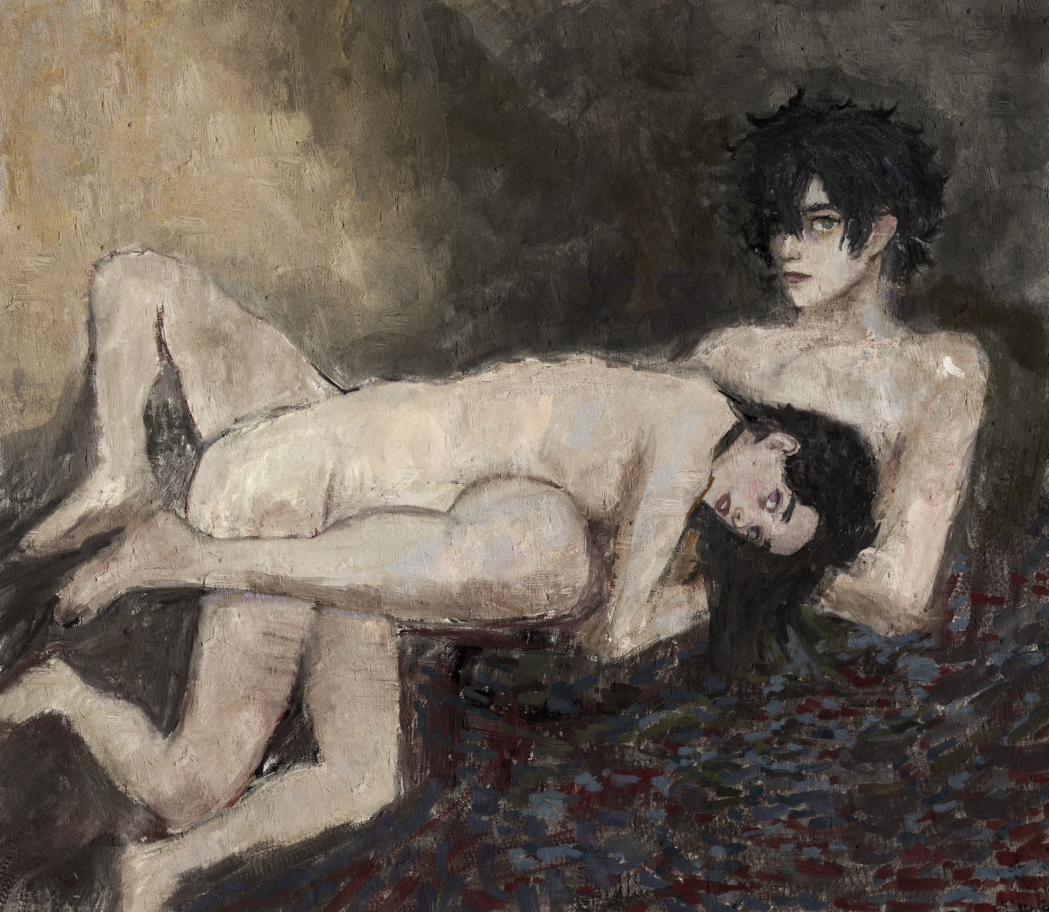 1boy, 1girls, 2d, andrew graves, artbydean, ashley graves, black hair, brother and sister, choker, female, green eyes, incest, looking at viewer, lying, lying on back, lying on person, male, nude, pink eyes, self harm scars, siblings, the coffin of andy and leyley