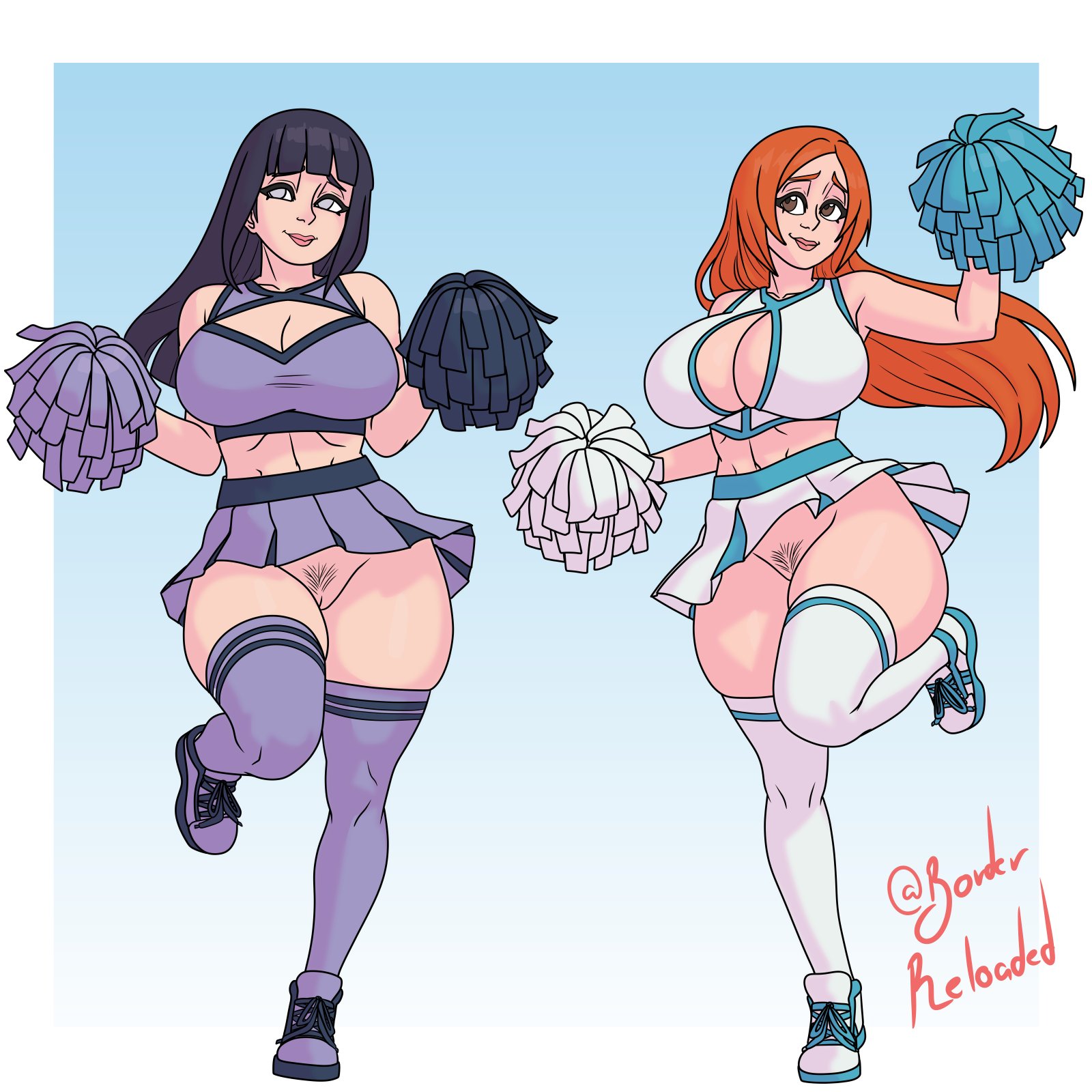 2d, 2girls, about to burst, athletic, athletic female, barely contained, barely contained breasts, barely fits, black hair, bleach, borderreloaded, breasts too big, bursting breasts, busty, cheerleader, cheerleader uniform, cleavage, cleavage cutout, crossover, female, female focus, female only, full body, going commando, hourglass figure, hyuuga hinata, imminent wardrobe malfunction, inoue orihime, long hair, naruto (series), no panties, pinup, pinup pose, pubes, pubic hair, pussy, red hair, skimpy, skimpy clothes, sneakers, straining clothing, tagme, tight clothes, tight clothing, tight fit, too tight, undersized clothes, undersized clothing, upskirt, vagina, wide hips
