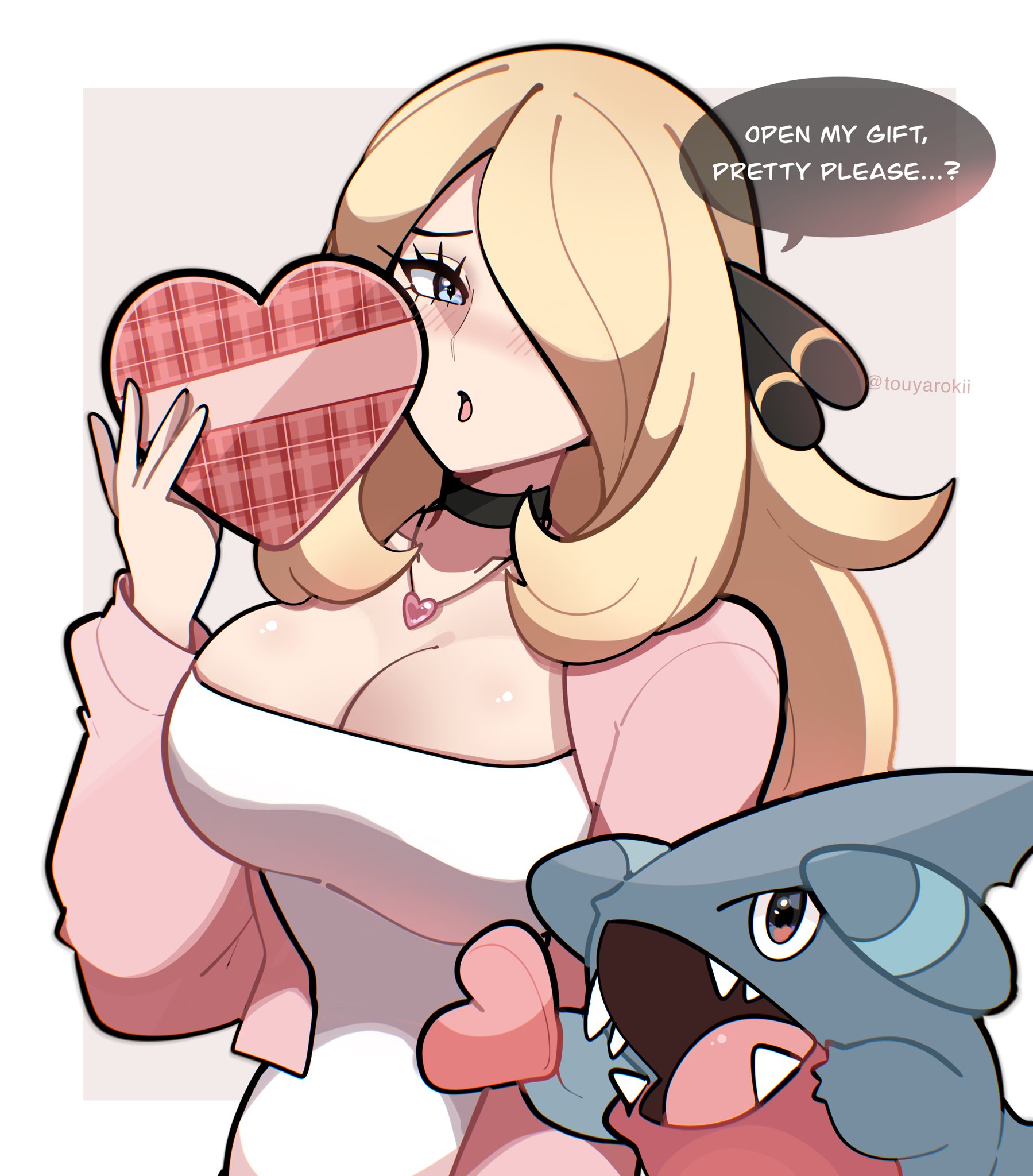 1girls, big breasts, blonde hair, blue eyes, blush, breasts, choker, cleavage, cynthia (pokemon), english text, female, female only, gible, hair over one eye, heart, heart-shaped box, holding, jewelry, large breasts, long hair, long sleeves, looking at viewer, open mouth, pokemon, pokemon dppt, speech bubble, touyarokii, valentine, valentine's day