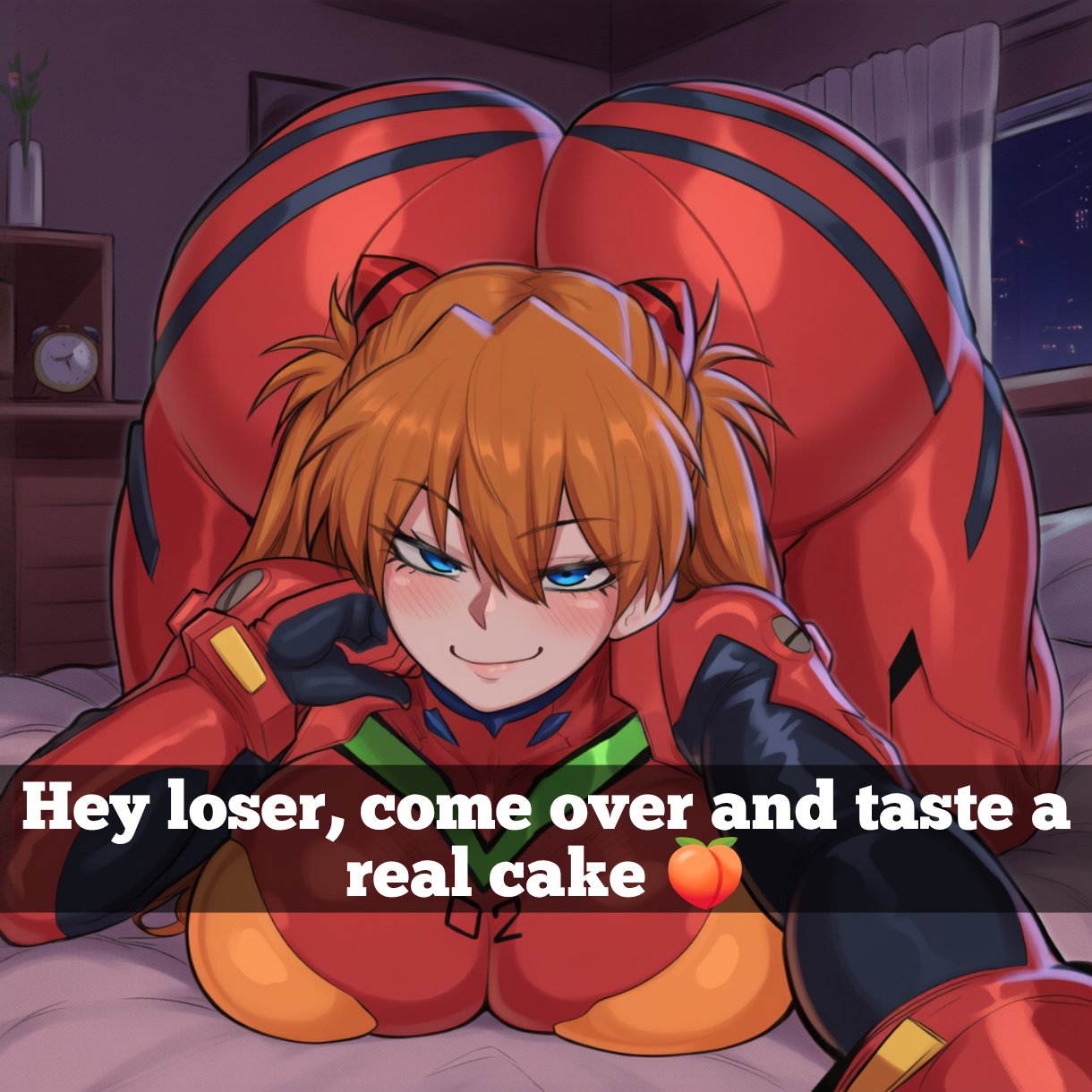 ai generated, asuka langley sohryu, blue eyes, blush, bodysuit, fat ass, hydra ai, large breasts, looking at viewer, neon genesis evangelion, red hair, red hair ornament, selfie, shiny clothes, smirk, snapchat, text, thick ass, thick thighs, wide hips