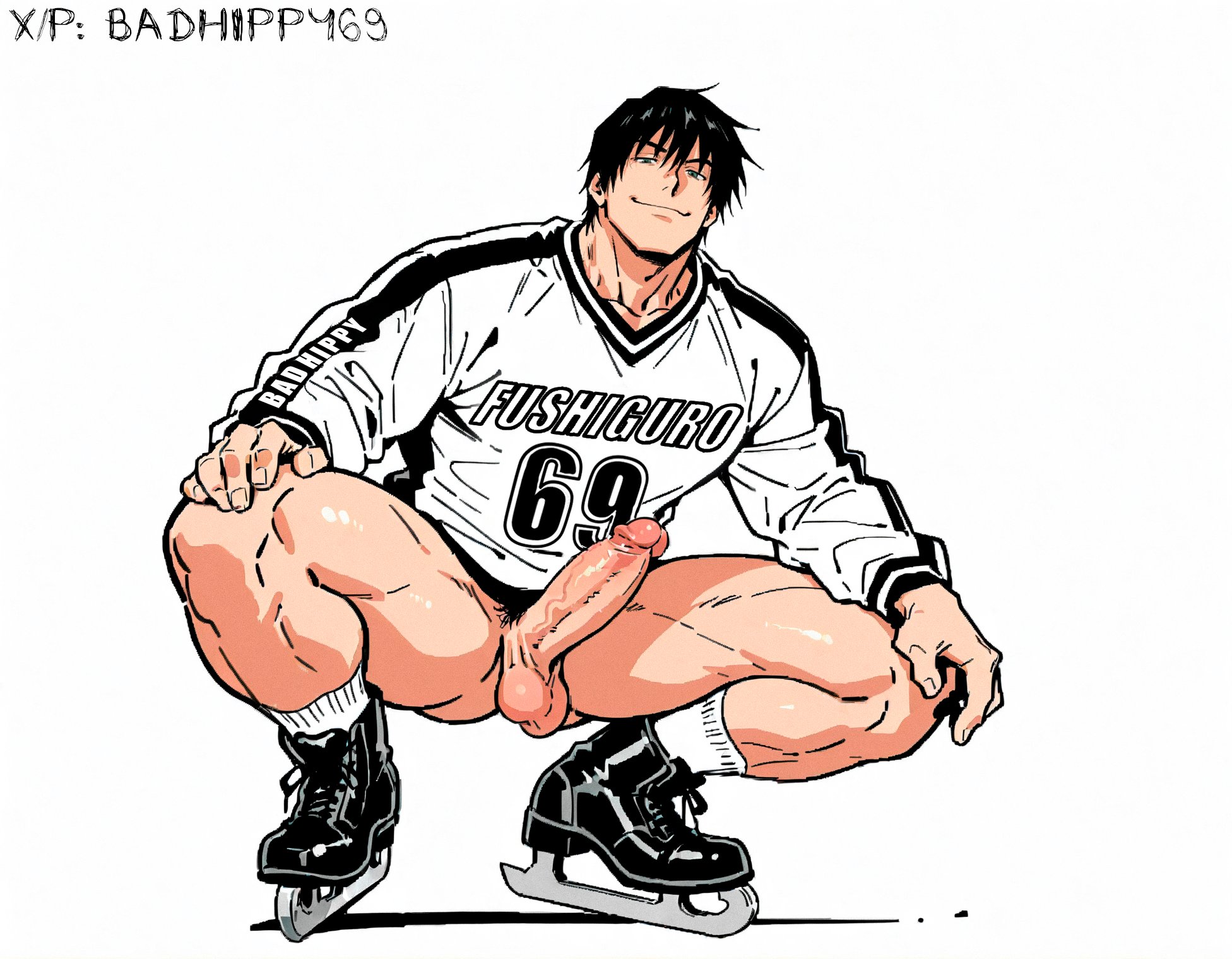 ai generated, badhippy69, bara, fushiguro, gay, ice skates, jujutsu kaisen, male, male focus, male only, muscular, muscular male, toji fushiguro, yaoi