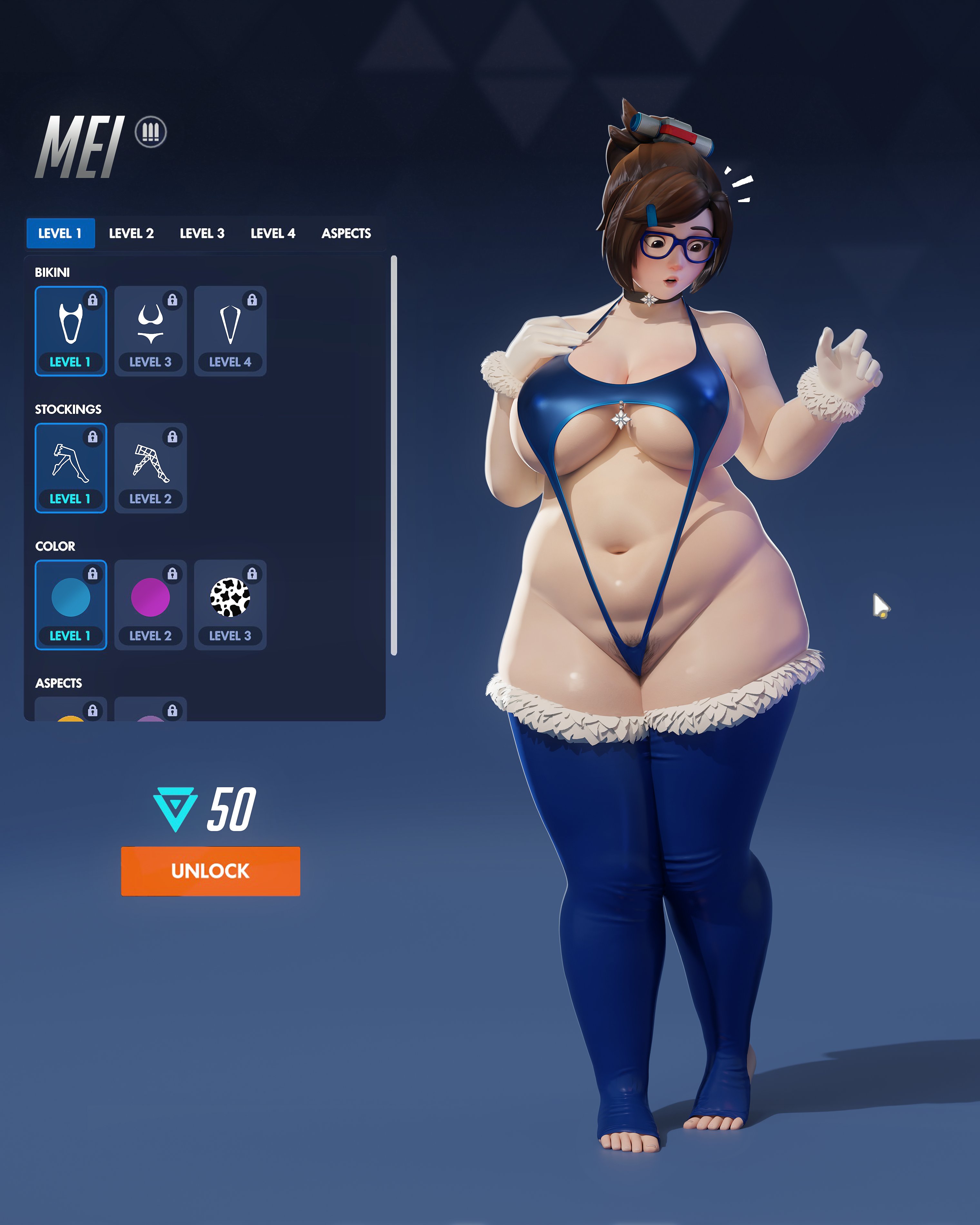 1girls, 3d, belly button, big breasts, big hips, big thighs, bikini, black eyes, blue bikini, blue swimsuit, brown hair, busty, choker, chubby, chubby female, detailed background, female only, front view, fugtrup, full length portait, glasses, hair accessory, hair bun, hairpin, human, human only, legwear, looking at self, mei (overwatch), mei ling zhou, mouse (computer), nipple outline, open mouth, overwatch, overwatch 2, pointless clothing, pubic hair, short hair, slightly chubby, slightly chubby female, sling bikini, solo, solo female, standing, swimsuit, text, toeless legwear, underboob, useless clothing, video games, wristwear