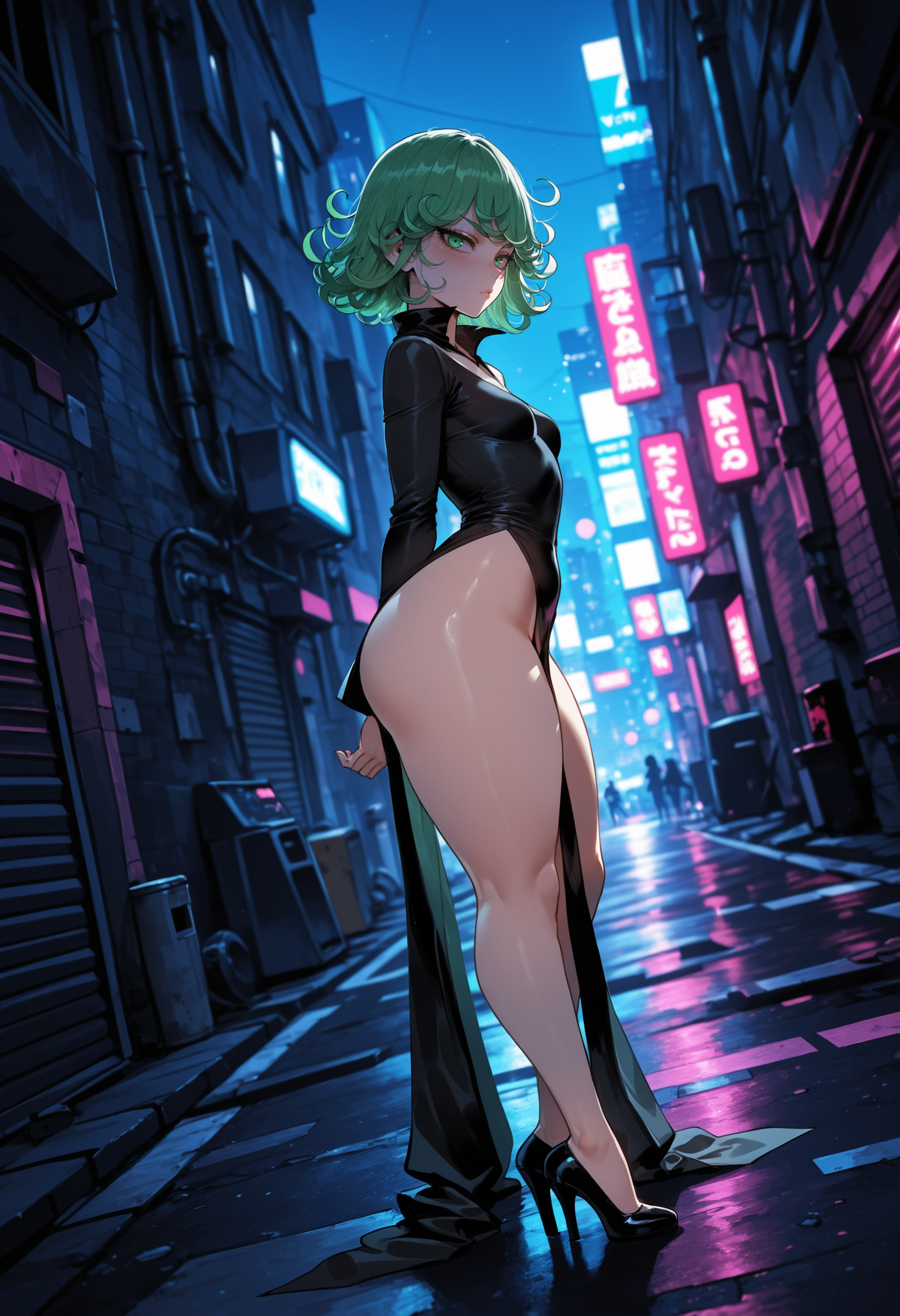 1girls, 2d, ai generated, alley, alleyway, big ass, big butt, big thighs, city, city background, city lights, cityscape, cute, green eyes, green hair, heels, high heels, hot, huge ass, huge butt, huge thighs, large ass, miyuai, one-punch man, outdoors, outside, sexy, sexy body, shoes, shortstack, small breasts, solo, standing, tatsumaki, thick, thick ass, thick butt, thick legs, thick thighs, thighs