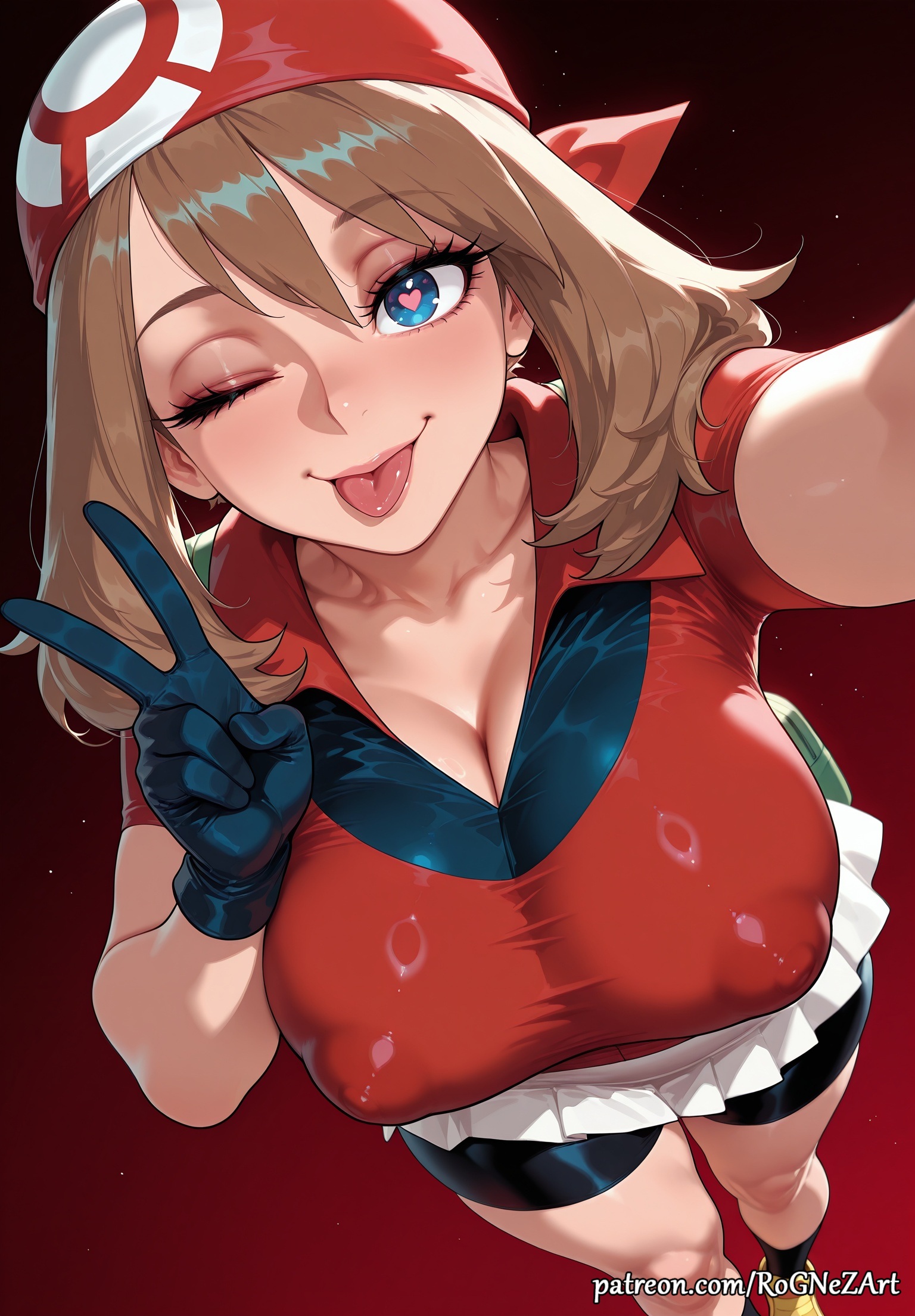 ;p, 2025, ai generated, anime, bandana, bangs, bike shorts, blue eyes, blush, breasts, brown hair, cleavage, collarbone, covered nipples, crossover, eye contact, eyelashes, female, female focus, female only, flushed, foreshortening, gloves, handwear, heart, heart-shaped pupils, highres, huge breasts, large breasts, looking at viewer, may (pokemon), nintendo, nsfw, one eye closed, patreon, pokemon, red shirt, rognezart, selfie, shirt, short sleeves, skirt, smile, smiling, solo, symbol-shaped pupils, tongue, tongue out, v, white skirt