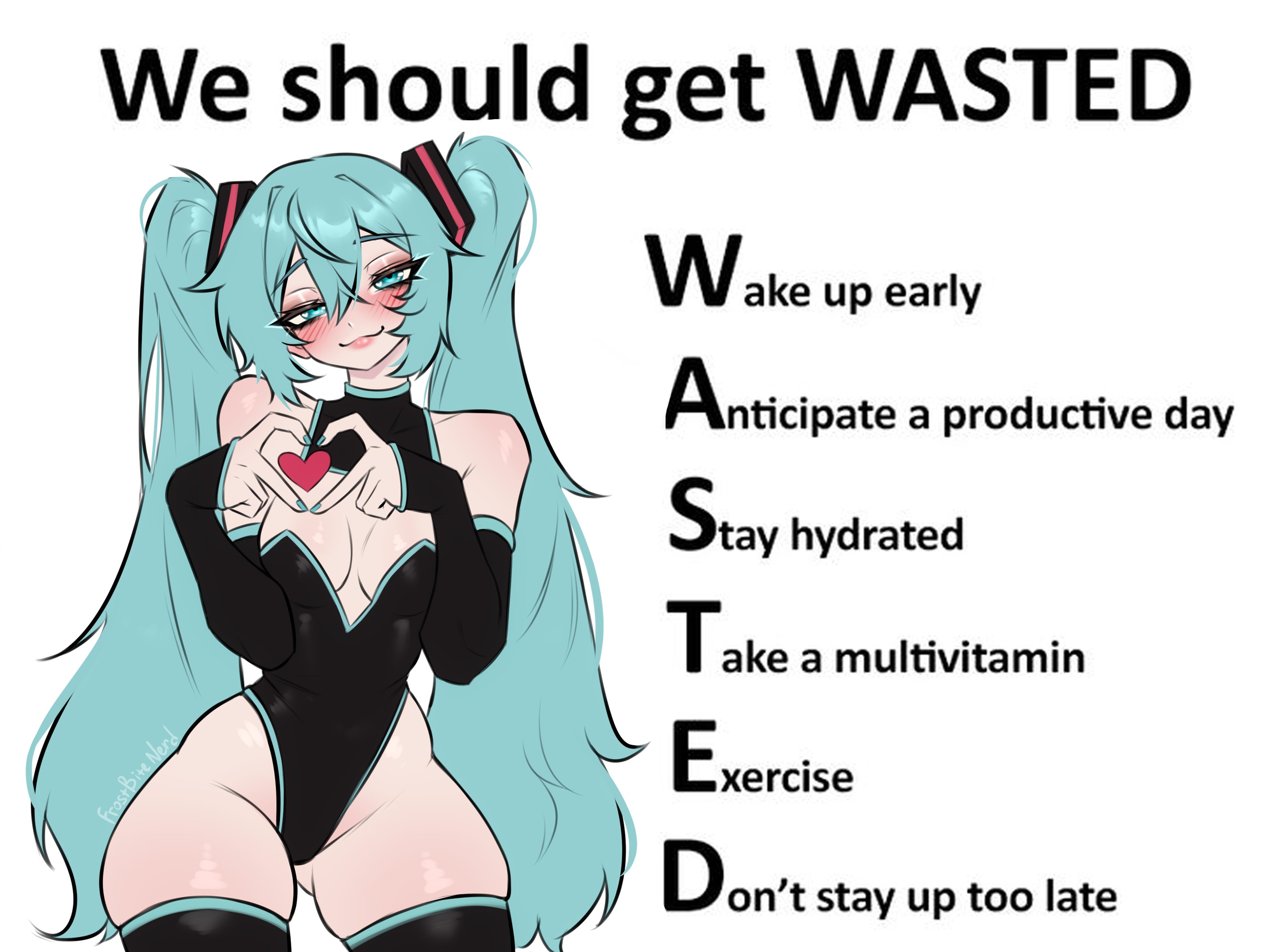 1girl, 1girls, aqua eyes, aqua hair, ass visible through thighs, bangs, bare shoulders, big breasts, big hips, big thighs, black leotard, black sleeves, black thighhighs, blush, breasts, clothed, clothing cutout, cowboy shot, curvy, curvy body, curvy female, curvy figure, curvy hips, detached sleeves, english text, female, female focus, female only, frostbitenerd, hair between eyes, hatsune miku, heart, heart hands, highleg, highleg leotard, leotard, lips, long hair, looking at viewer, medium breasts, meme, meme reference, miku hatsune, nail polish, skindentation, smile, solo, thick, thick ass, thick hips, thick legs, thick thighs, thigh highs, thighhighs, thighs, traced, traced art, twintails, very long hair, vocaloid, white background