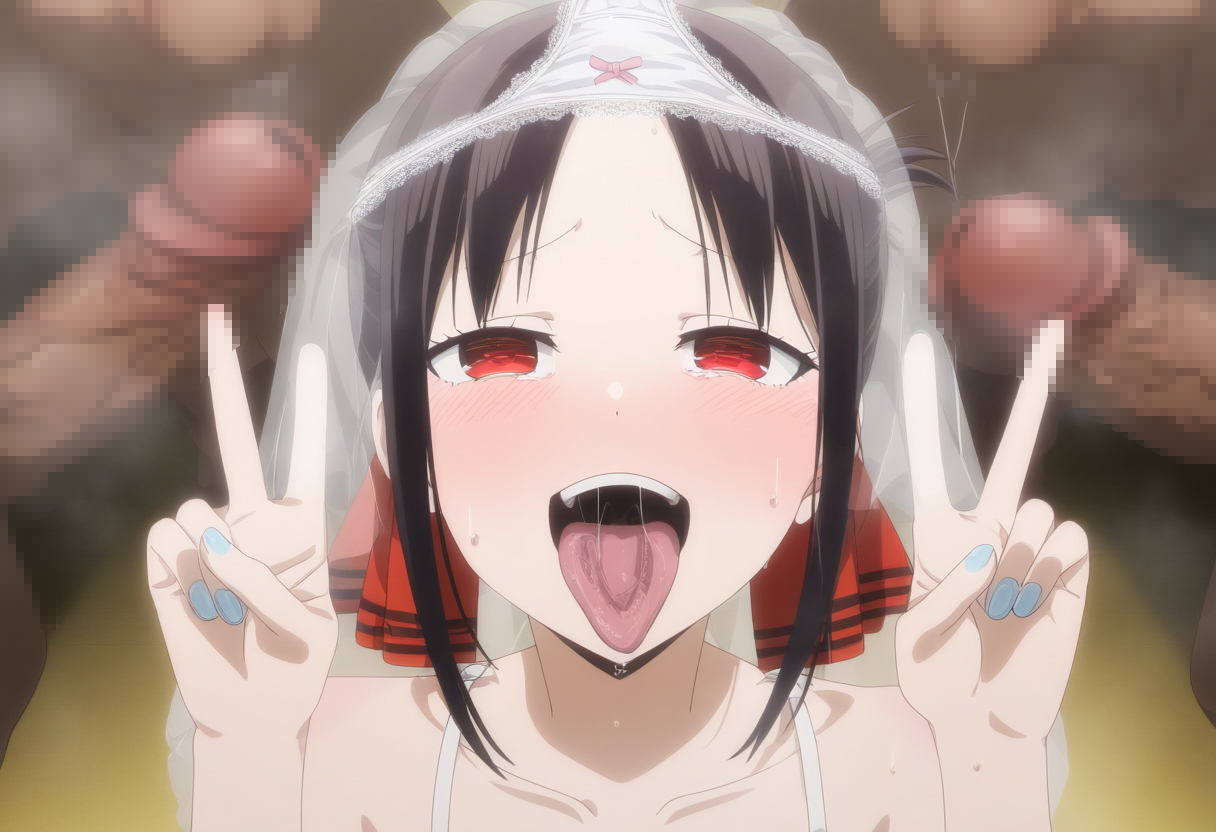1girls, ahe gao, ai generated, black hair, double peace sign, kaguya-sama wa kokurasetai ~tensai-tachi no renai zunousen~, kichiku-sensei, orgy, panties on head, peace sign, red eyes, shinomiya kaguya, white panties