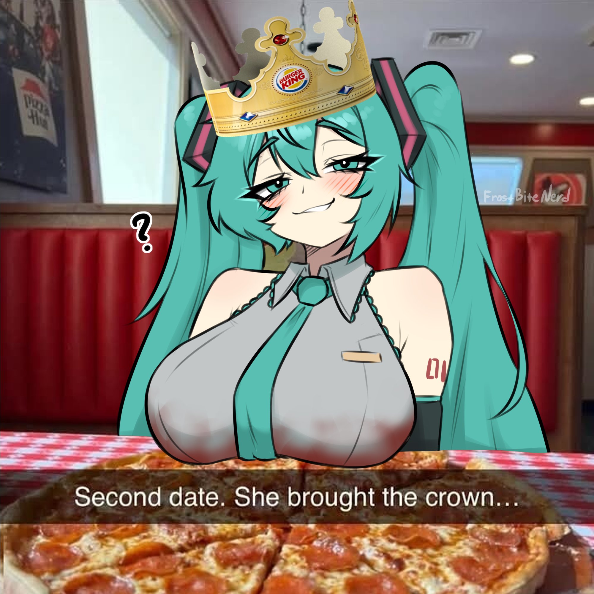 ?, 1girl, 1girls, aqua eyes, aqua hair, aqua necktie, bare shoulders, bedroom eyes, big breasts, blush, breast rest, breasts, burger king, burger king crown, collared shirt, crown, detached sleeves, english text, female, female focus, female only, first date kinda nervous, food, frostbitenerd, girl, grin, hatsune miku, indoors, large breasts, long hair, looking at viewer, meme, meme reference, miku hatsune, necktie, pizza, pizza hut, pizza sauce, sauce, sauce on breasts, shirt, sleeveless, smile, smug, smug expression, smug face, smug grin, smug smile, solo, tagme, tattoo, twintails, twitter, upper body, vocaloid